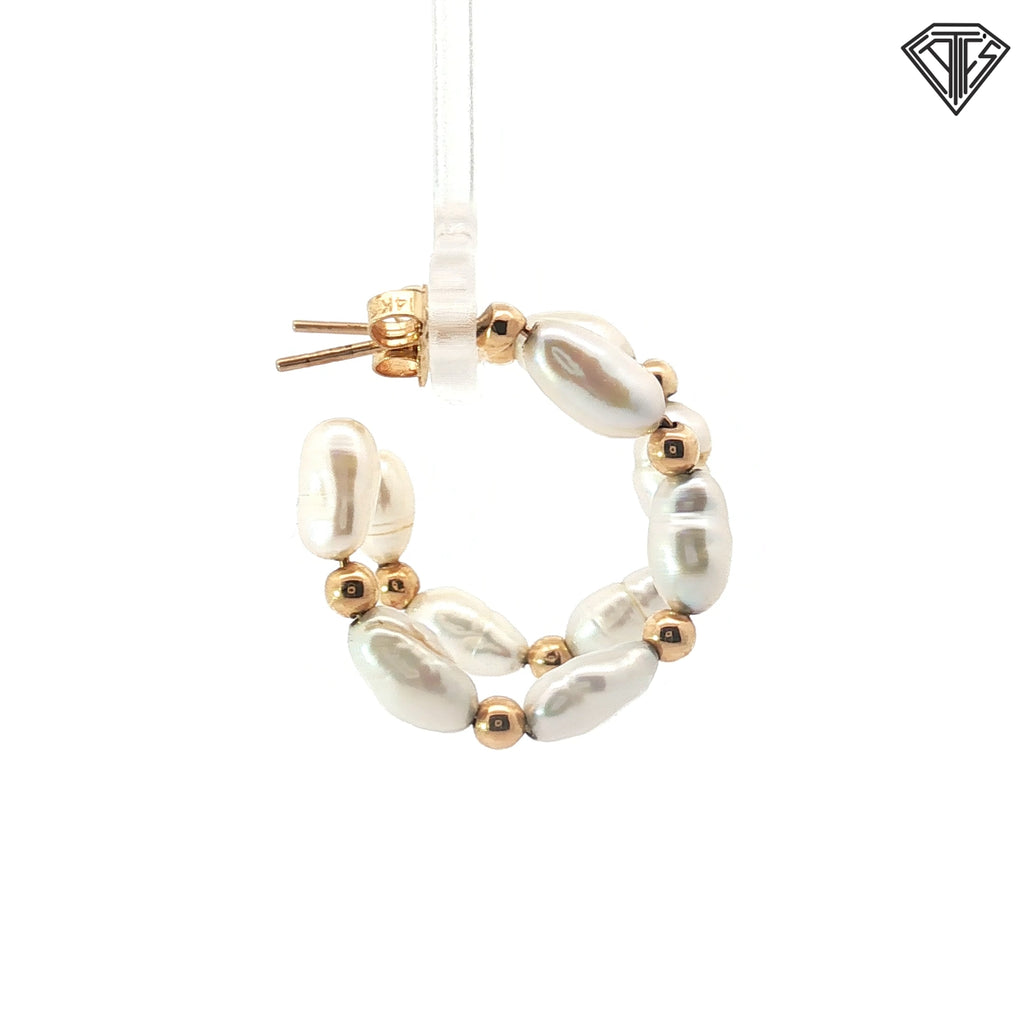 14k Yellow Gold Baroque Pearl with Gold Bead Hoop Earrings