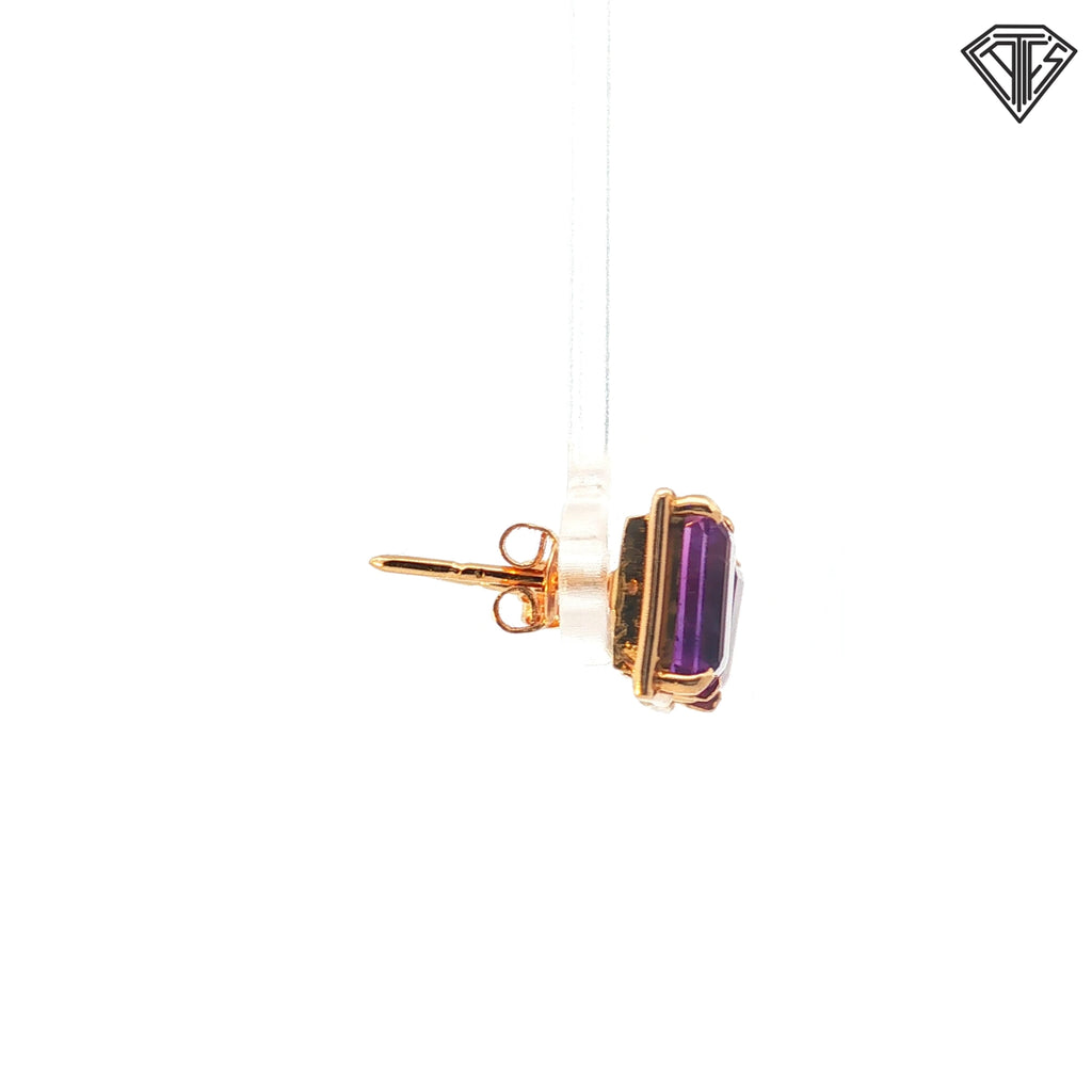 18k Yellow Gold Emerald Cut Amethyst Vintage Stud Earrings 4.1 gram 9x 7