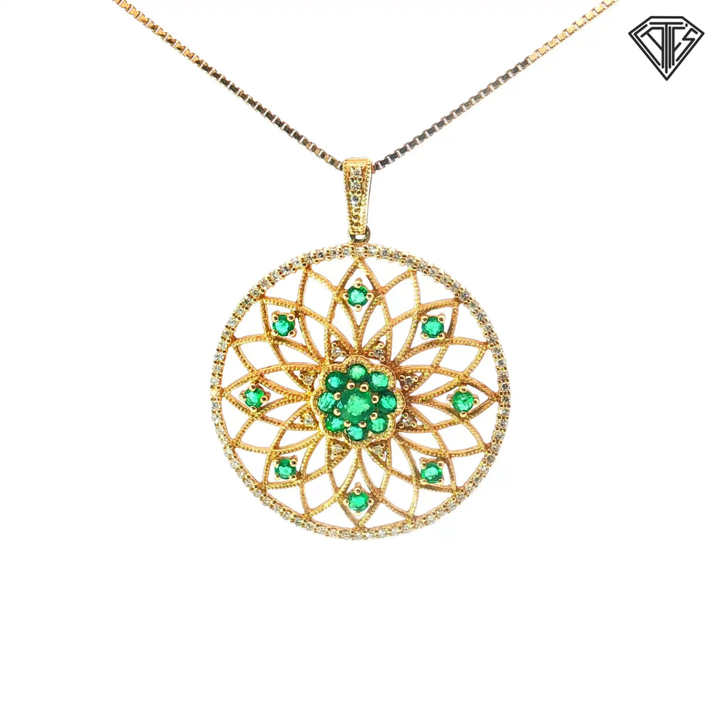 14k Yellow Gold 1.00ct Round Emerald /.50ct F VS1 Round Diamond Pendant 10.7 gram