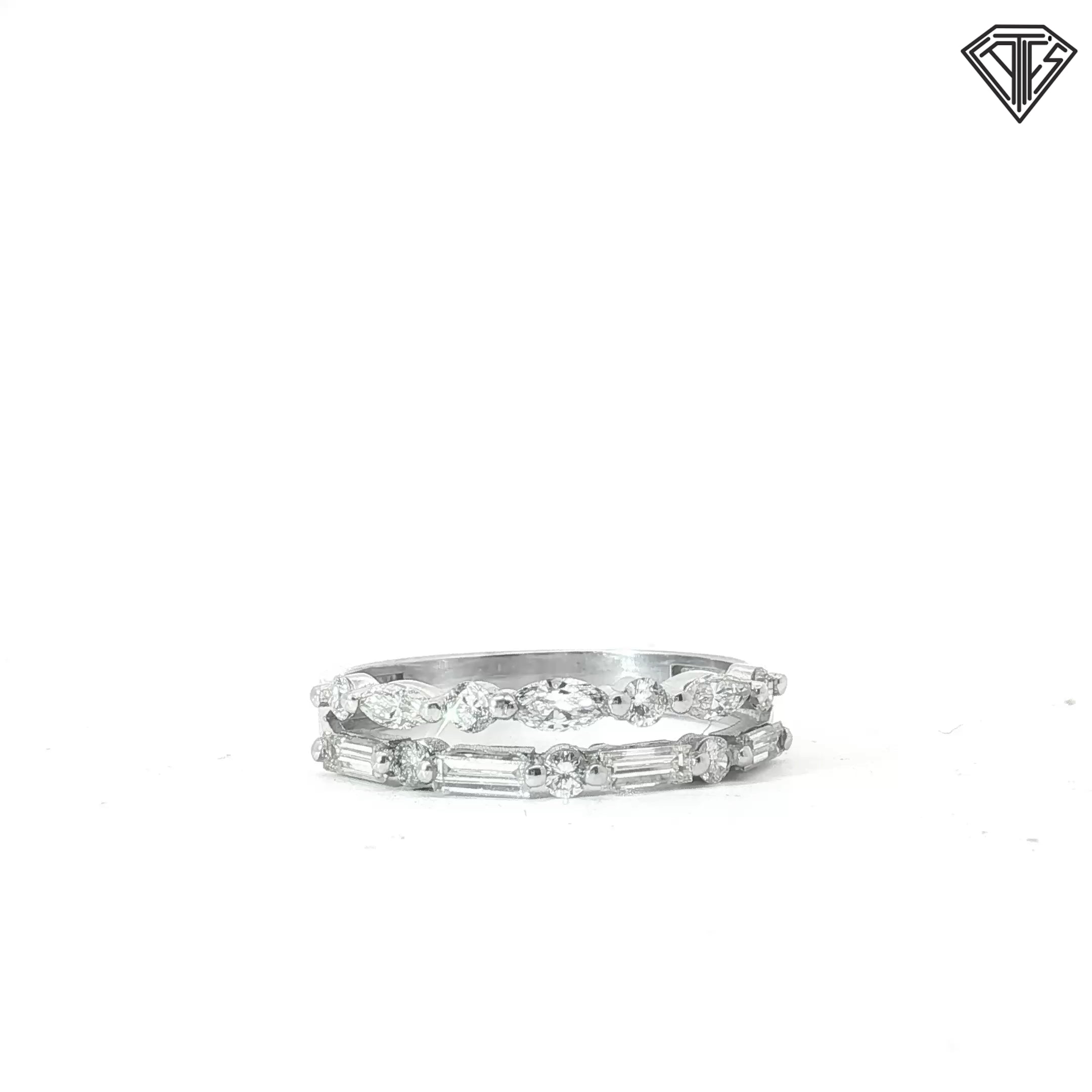 14k White Gold .28ct Marquise/ .25ct Round/ .20ct Baguette G VS2 Diamond Double Band Size 8