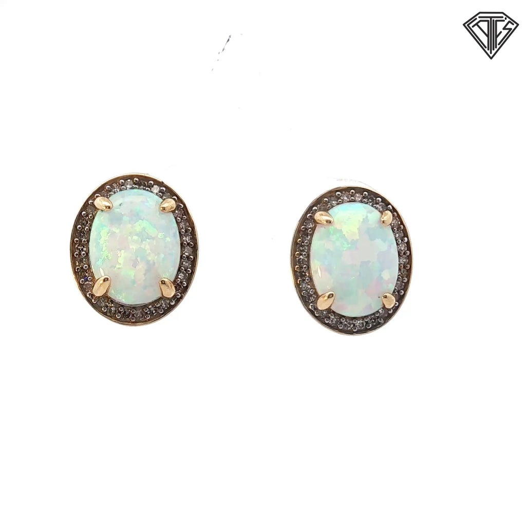 14k Yellow Gold 7x5 Oval Opal/ with Halo .25ct G SI1 Round Diamond Stud Earrings