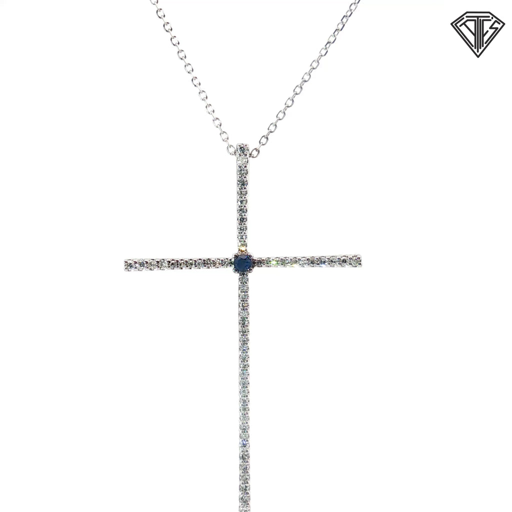 10k White Gold .30ct G SI1 Round Diamond and (1) Round Blue Sapphire Cross 1 1/2" x 1" with 14k White Gold Chain 18"inch  Design By Vera Wang