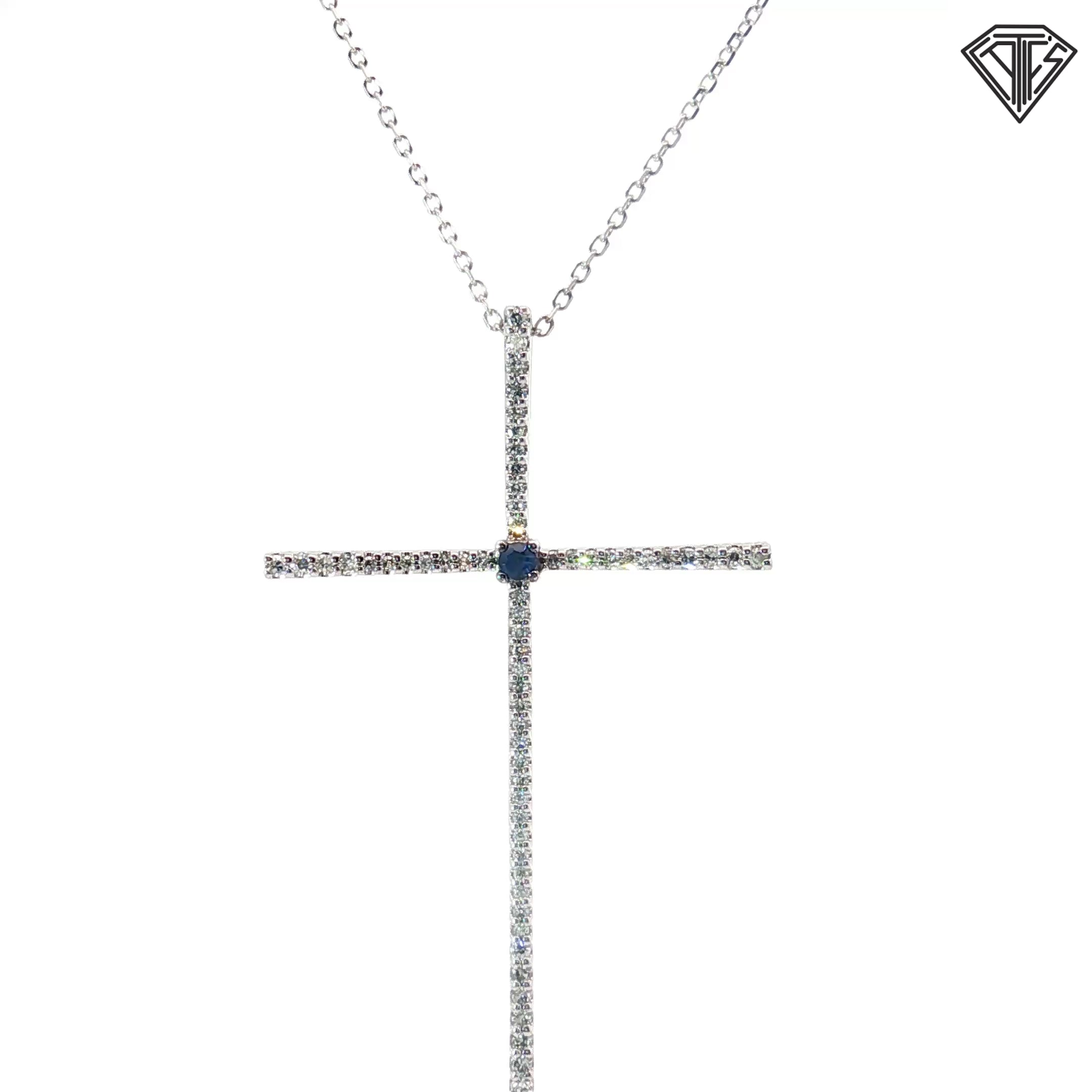 10k White Gold .30ct G SI1 Round Diamond and (1) Round Blue Sapphire Cross 1 1/2" x 1" with 14k White Gold Chain 18"inch  Design By Vera Wang