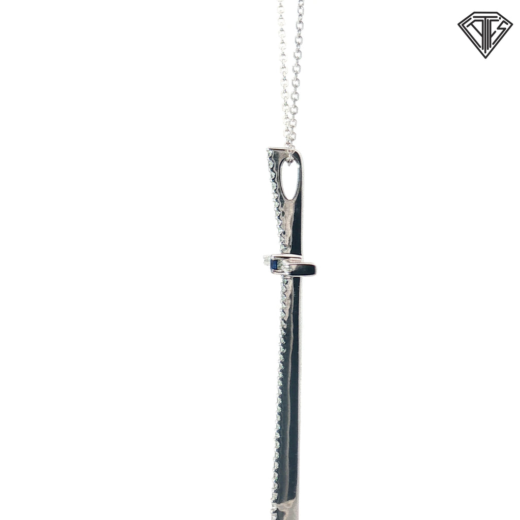 10k White Gold .30ct G SI1 Round Diamond and (1) Round Blue Sapphire Cross 1 1/2" x 1" with 14k White Gold Chain 18"inch  Design By Vera Wang