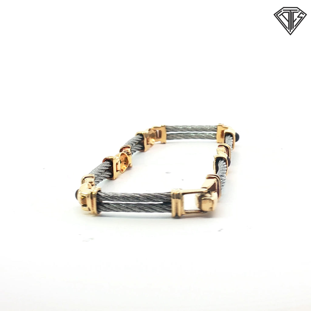18k Yellow Gold / Sterling Silver Multicolor Gem Braided Bracelet