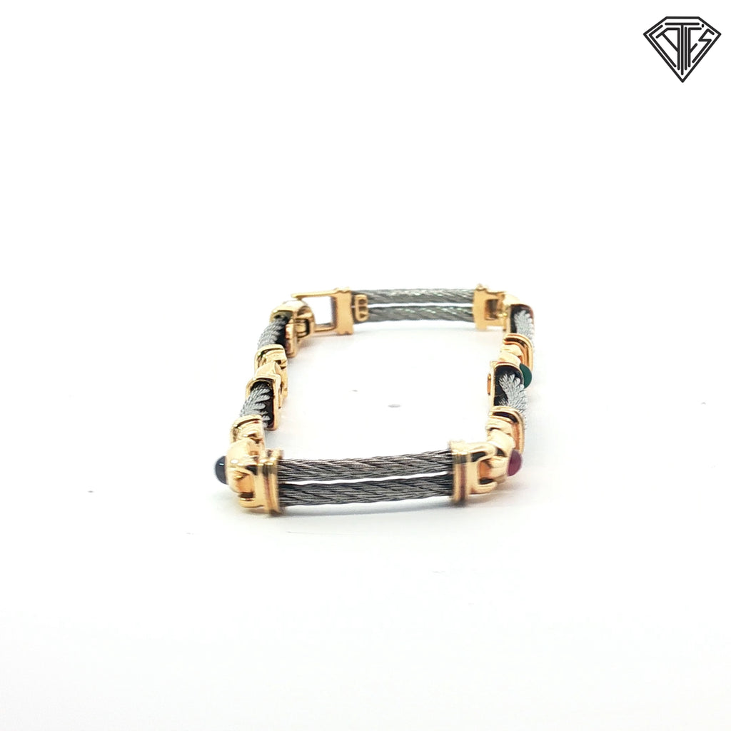 18k Yellow Gold / Sterling Silver Multicolor Gem Braided Bracelet