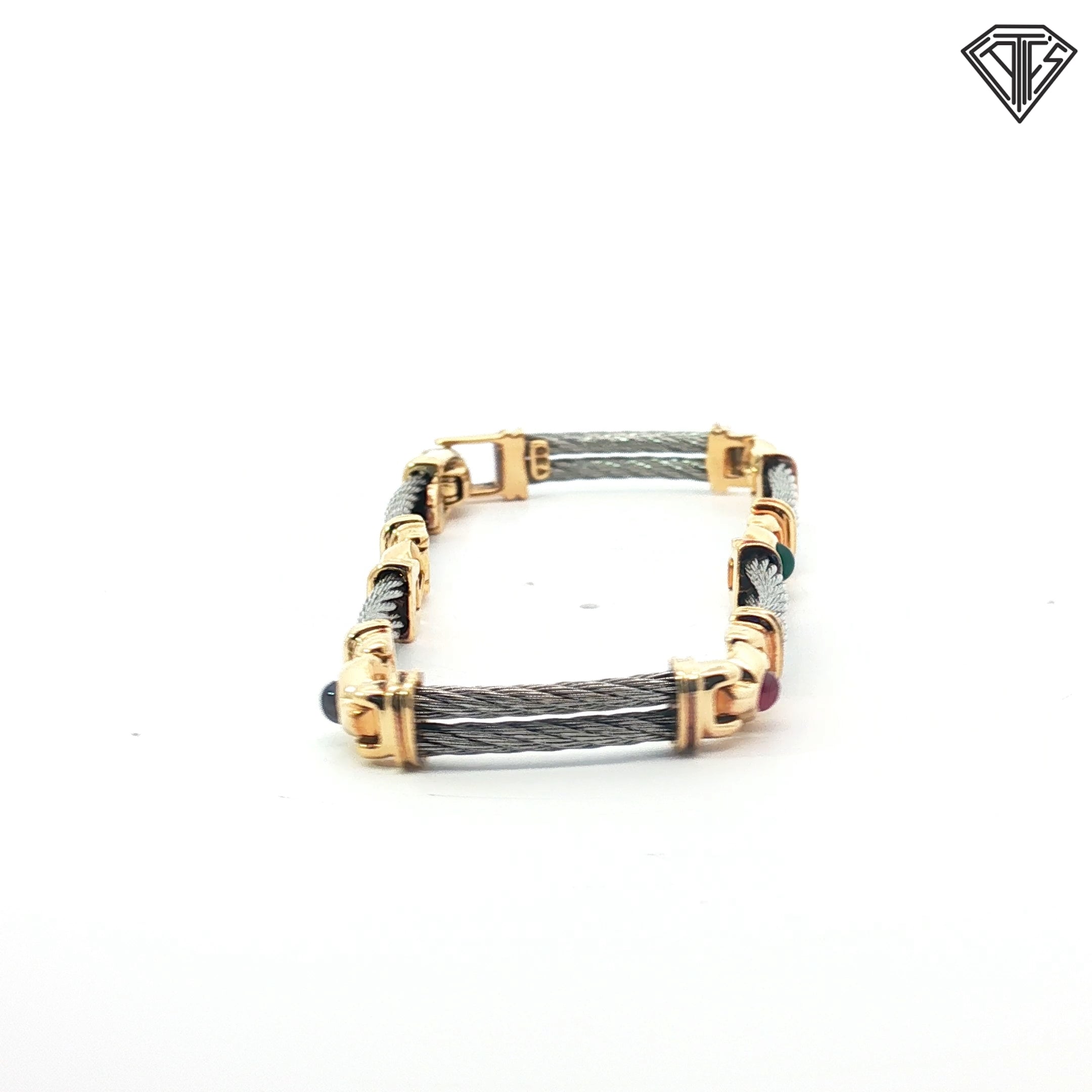 18k Yellow Gold / Sterling Silver Multicolor Gem Braided Bracelet