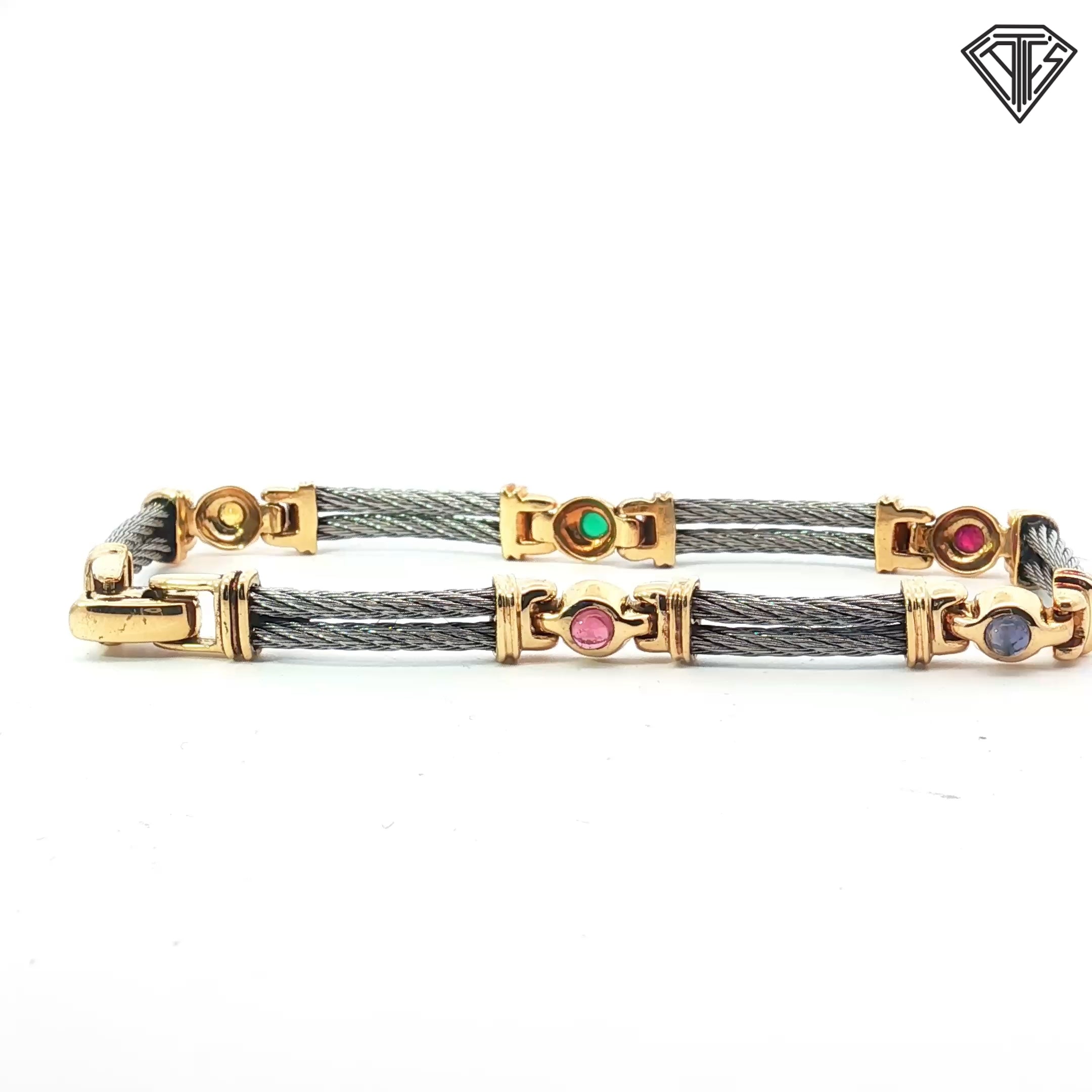 18k Yellow Gold / Sterling Silver Multicolor Gem Braided Bracelet