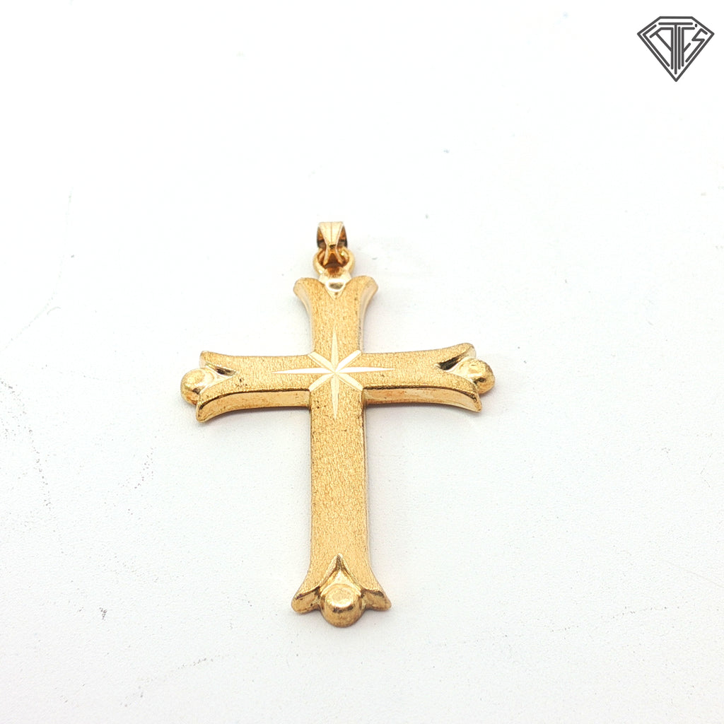 18k Yellow Gold Budded Cross with Starburst Diamond Cut Design .90 gram