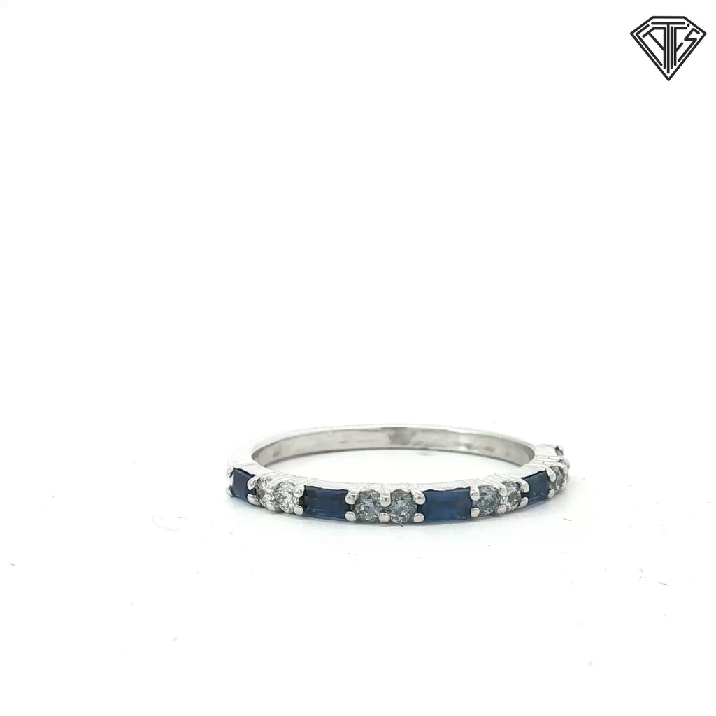 14k White Gold .30ct Baguette Ceylon Sapphire /.10ct G VS2 Round Diamond Band