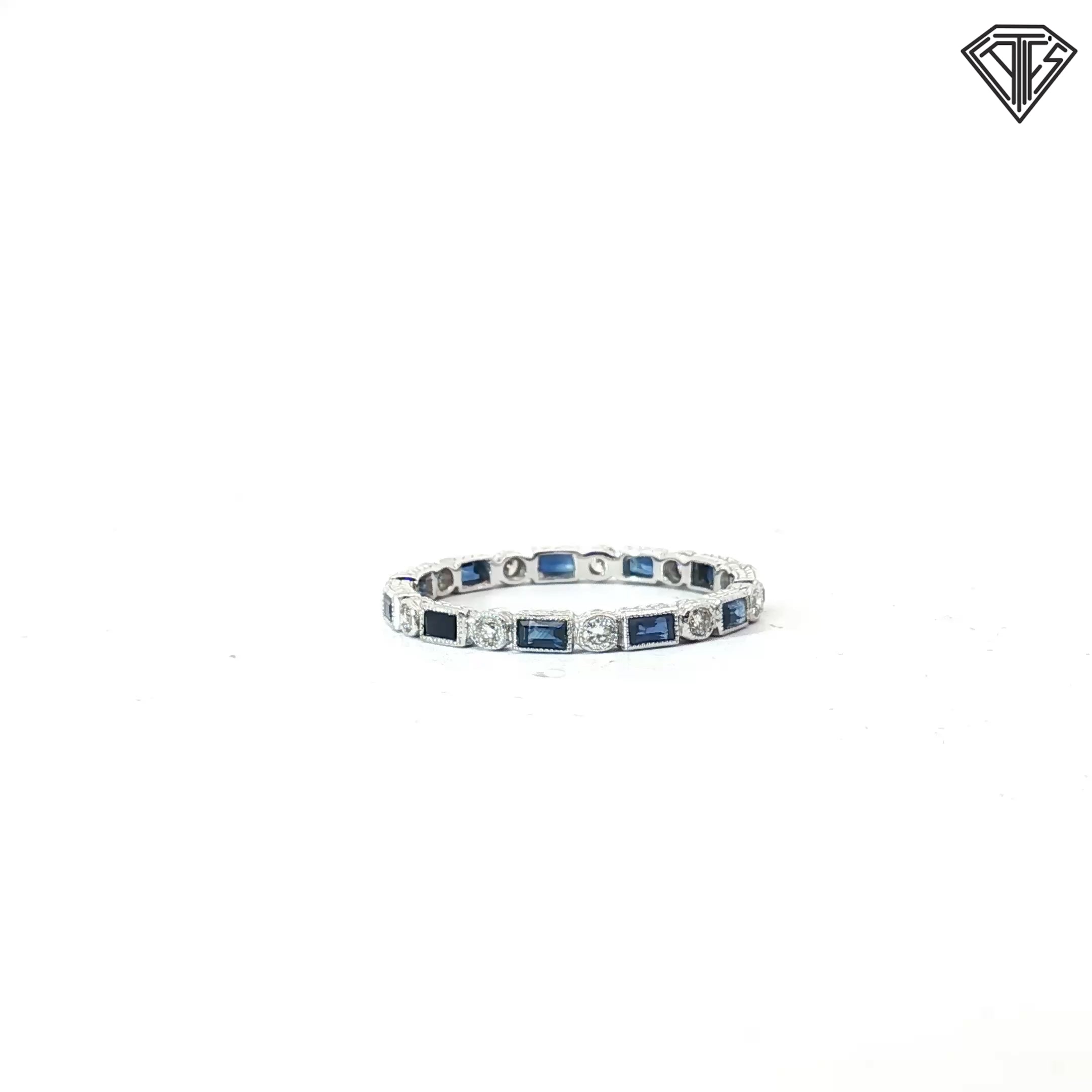 18k White Gold .60ct Baguette Blue Sapphire / .15ct G VS2 Round Diamond Eternity Band Size 8