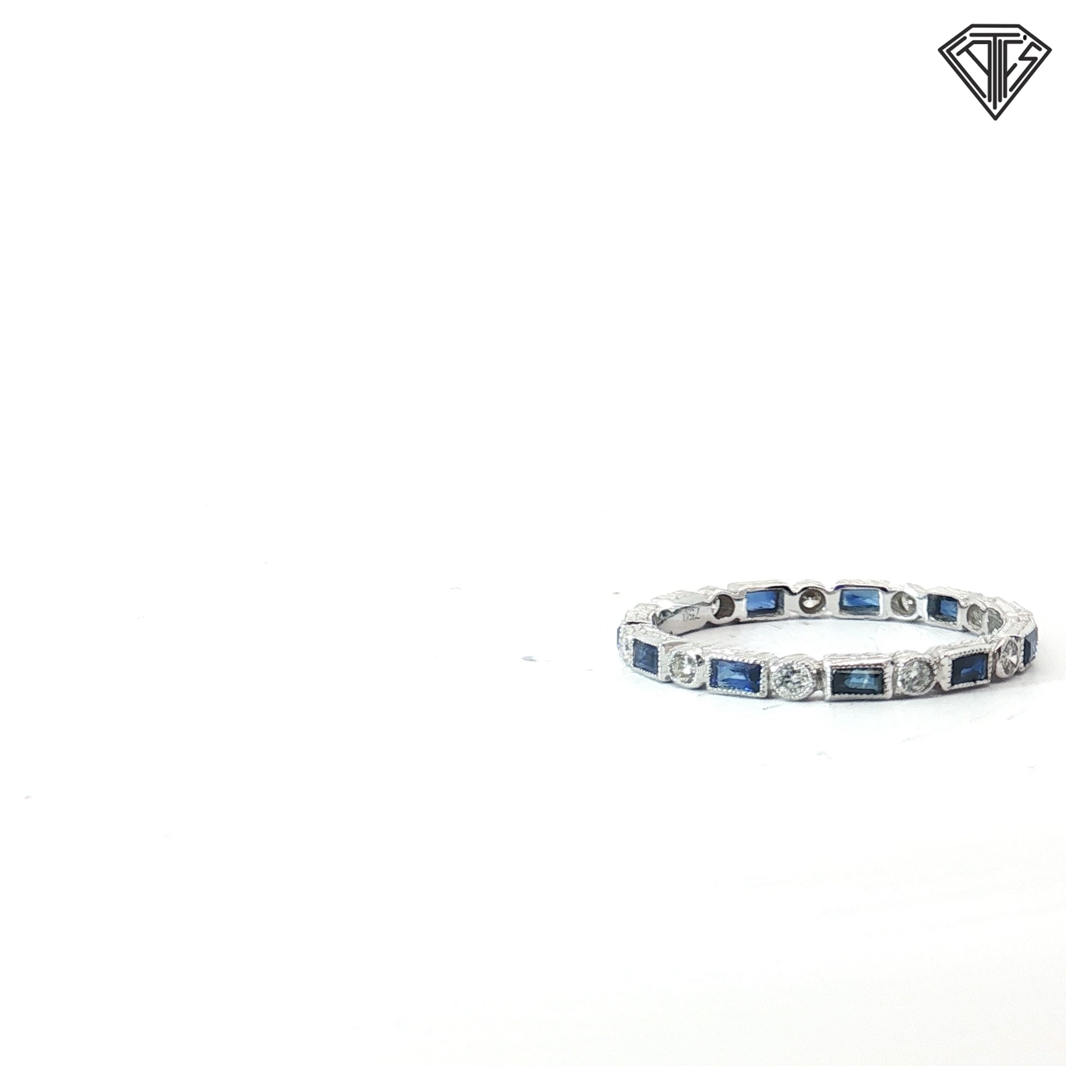 18k White Gold .60ct Baguette Blue Sapphire / .15ct G VS2 Round Diamond Eternity Band Size 8