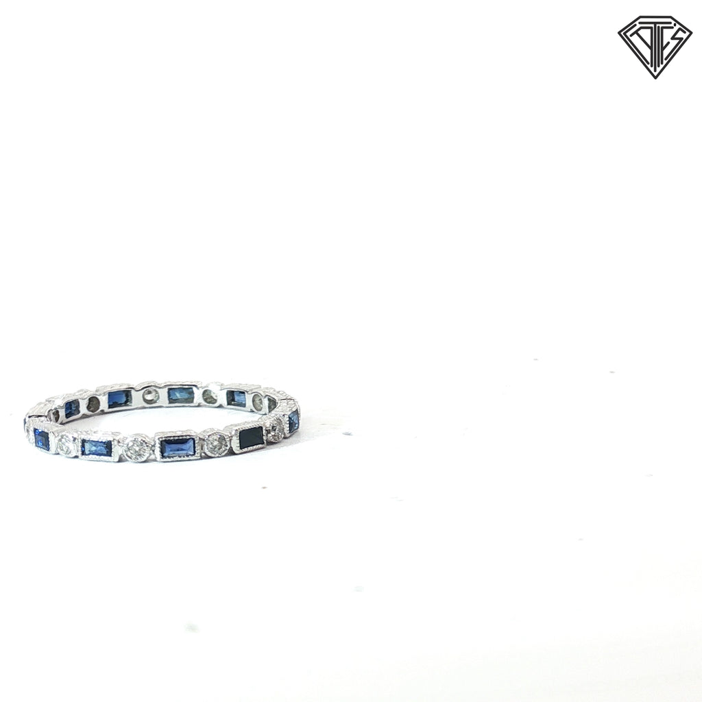 18k White Gold .60ct Baguette Blue Sapphire / .15ct G VS2 Round Diamond Eternity Band Size 8