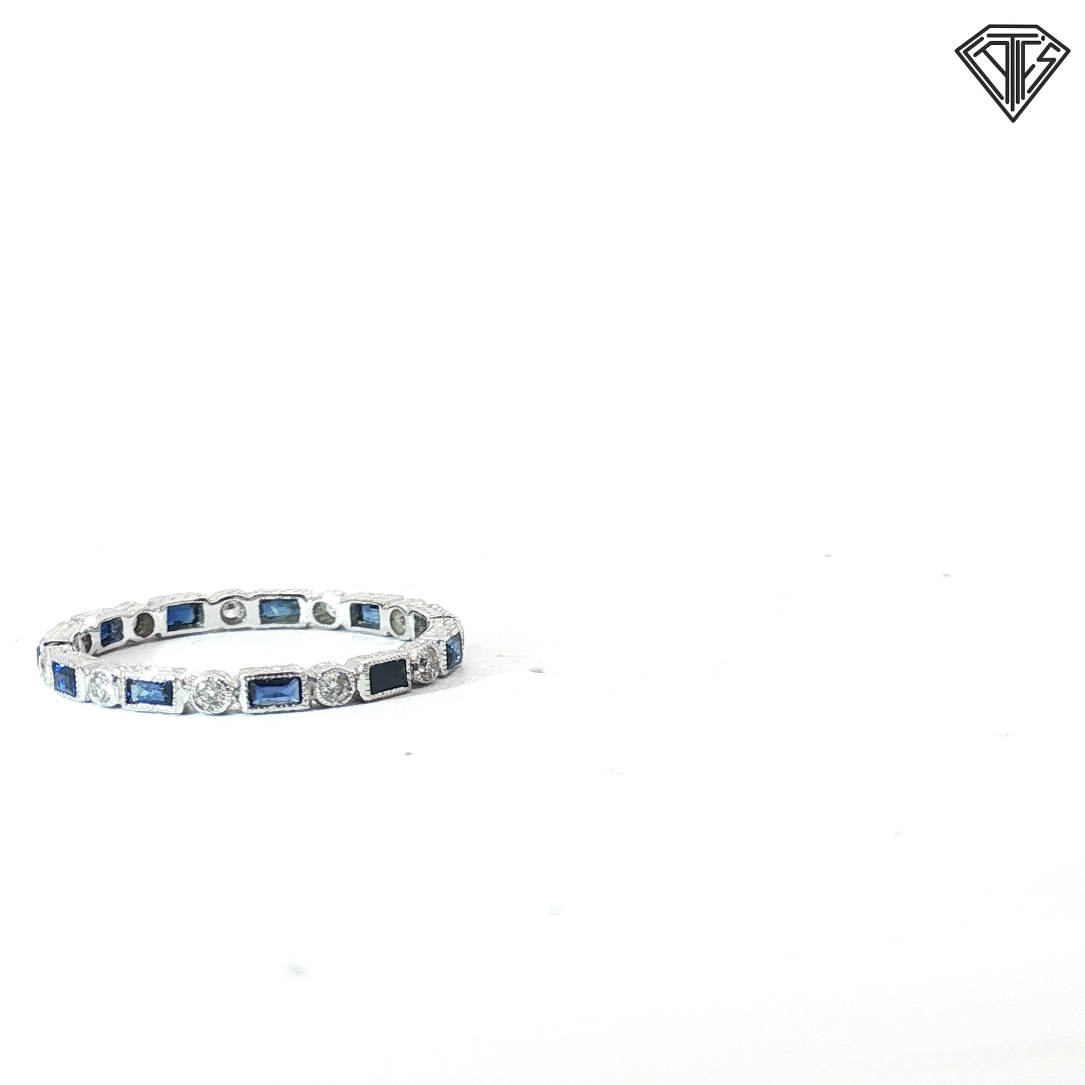 18k White Gold .60ct Baguette Blue Sapphire / .15ct G VS2 Round Diamond Eternity Band Size 8
