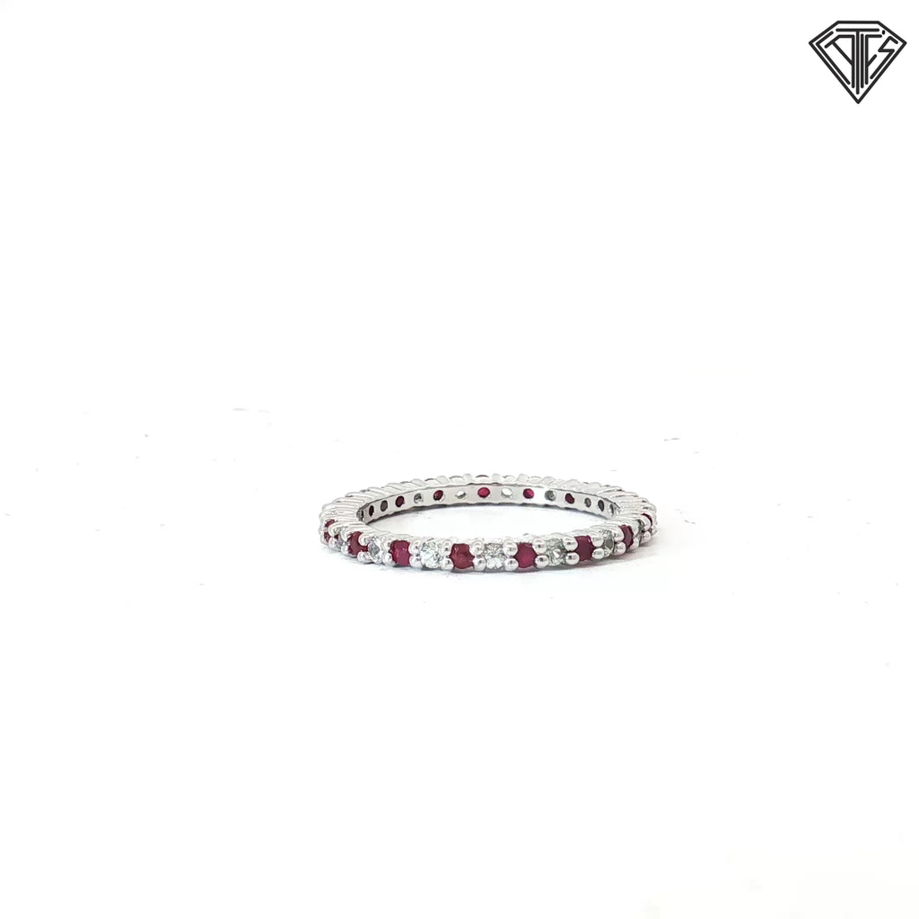 10k White Gold Round Cubic Zirconium / Round Red Stone Eternity Band Size 8