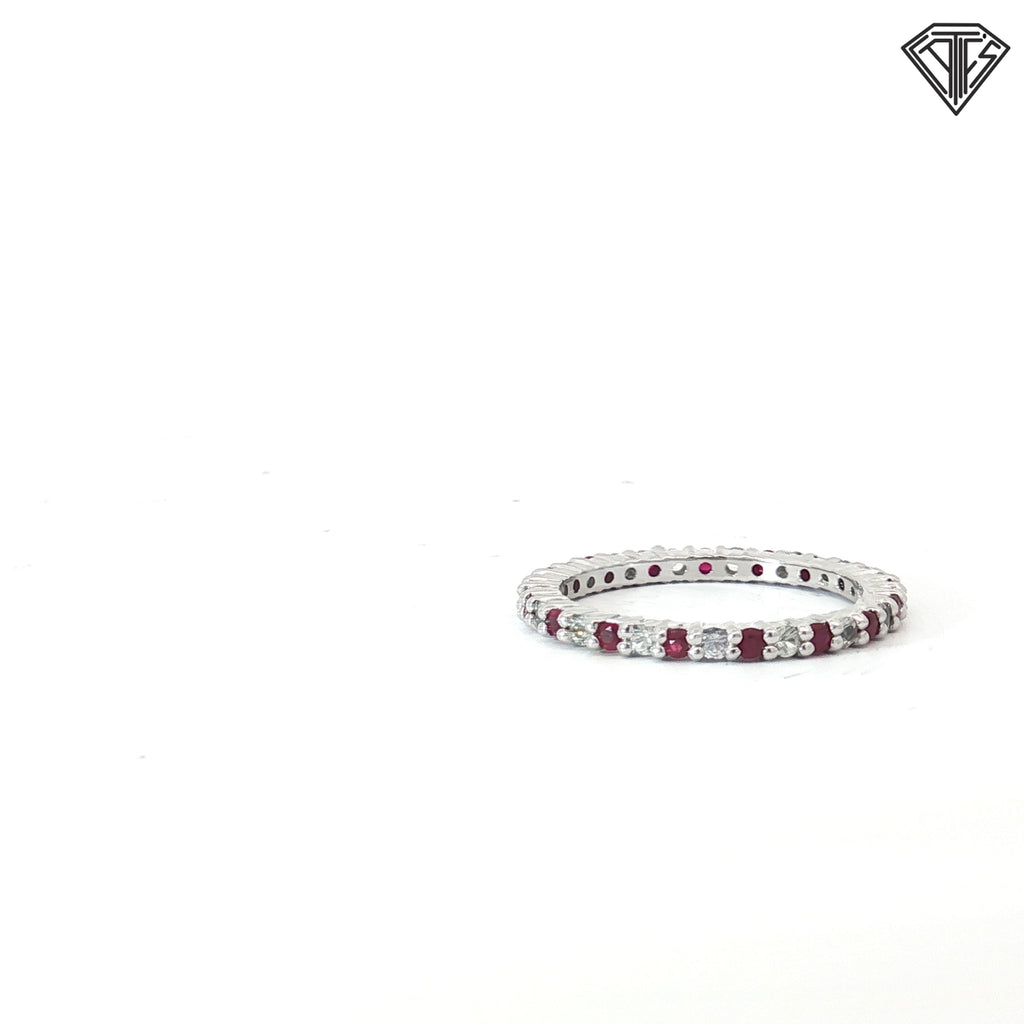 10k White Gold Round Cubic Zirconium / Round Red Stone Eternity Band Size 8