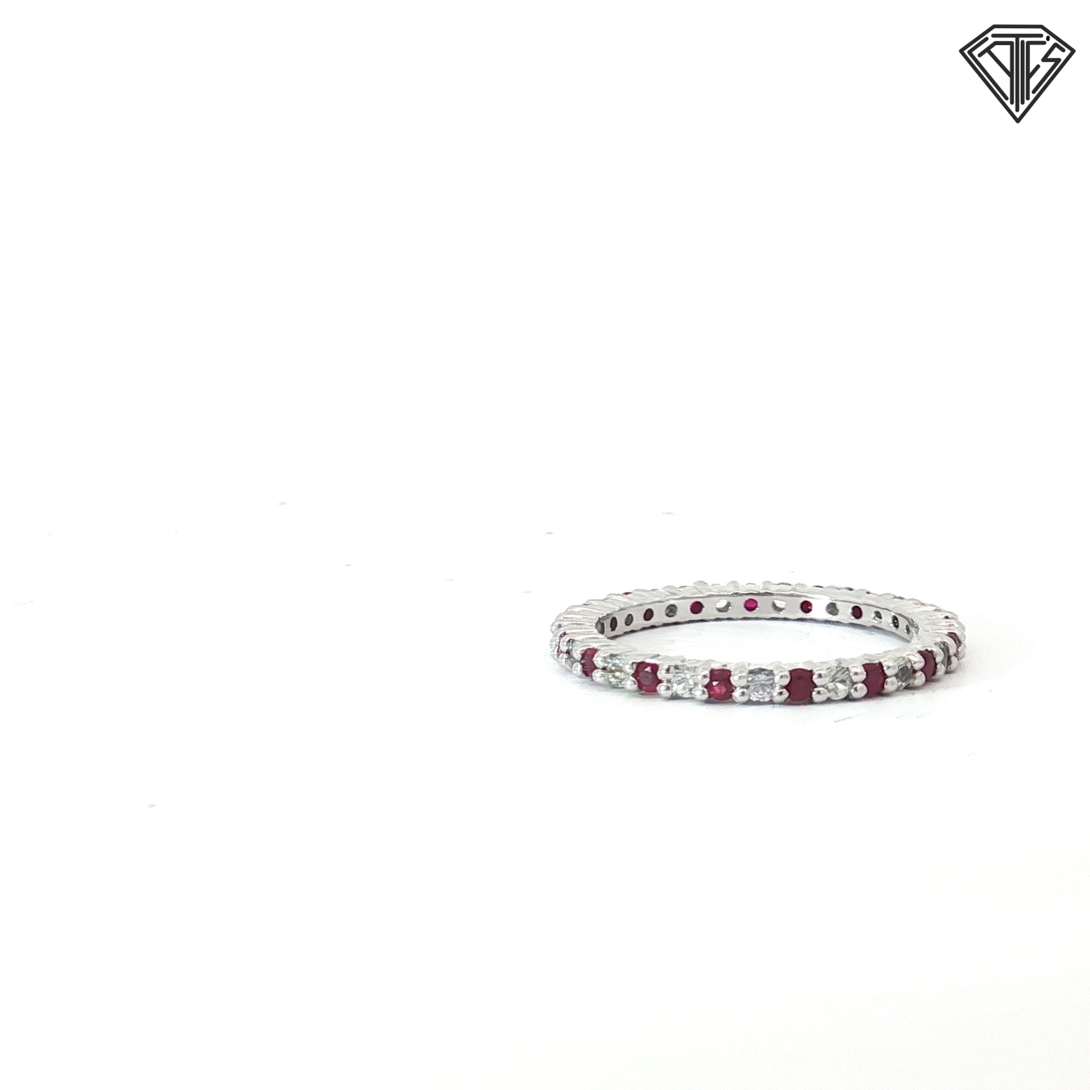 10k White Gold Round Cubic Zirconium / Round Red Stone Eternity Band Size 8