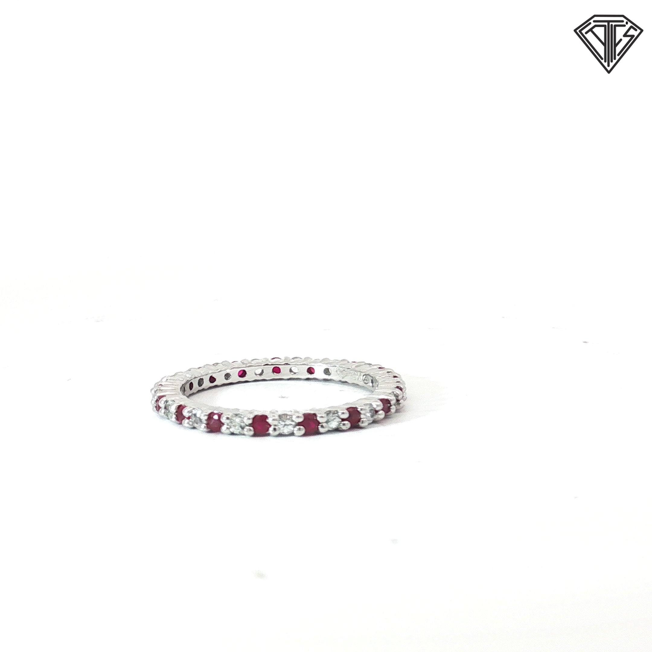 10k White Gold Round Cubic Zirconium / Round Red Stone Eternity Band Size 8