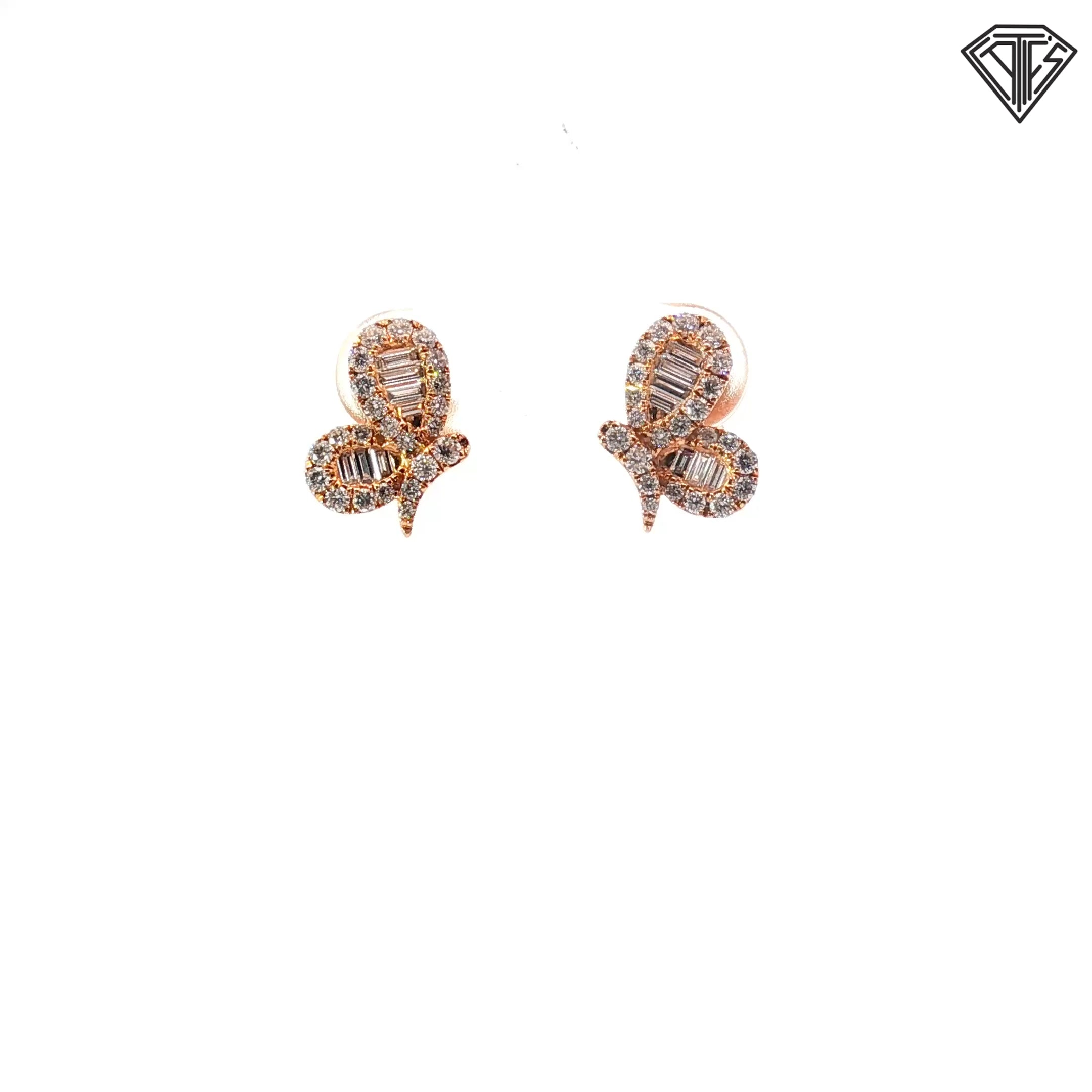 18k Rose Gold .71ct F VS2 Baguette/ Round Diamond Total Cart Weight Butterfly Stud Earrings