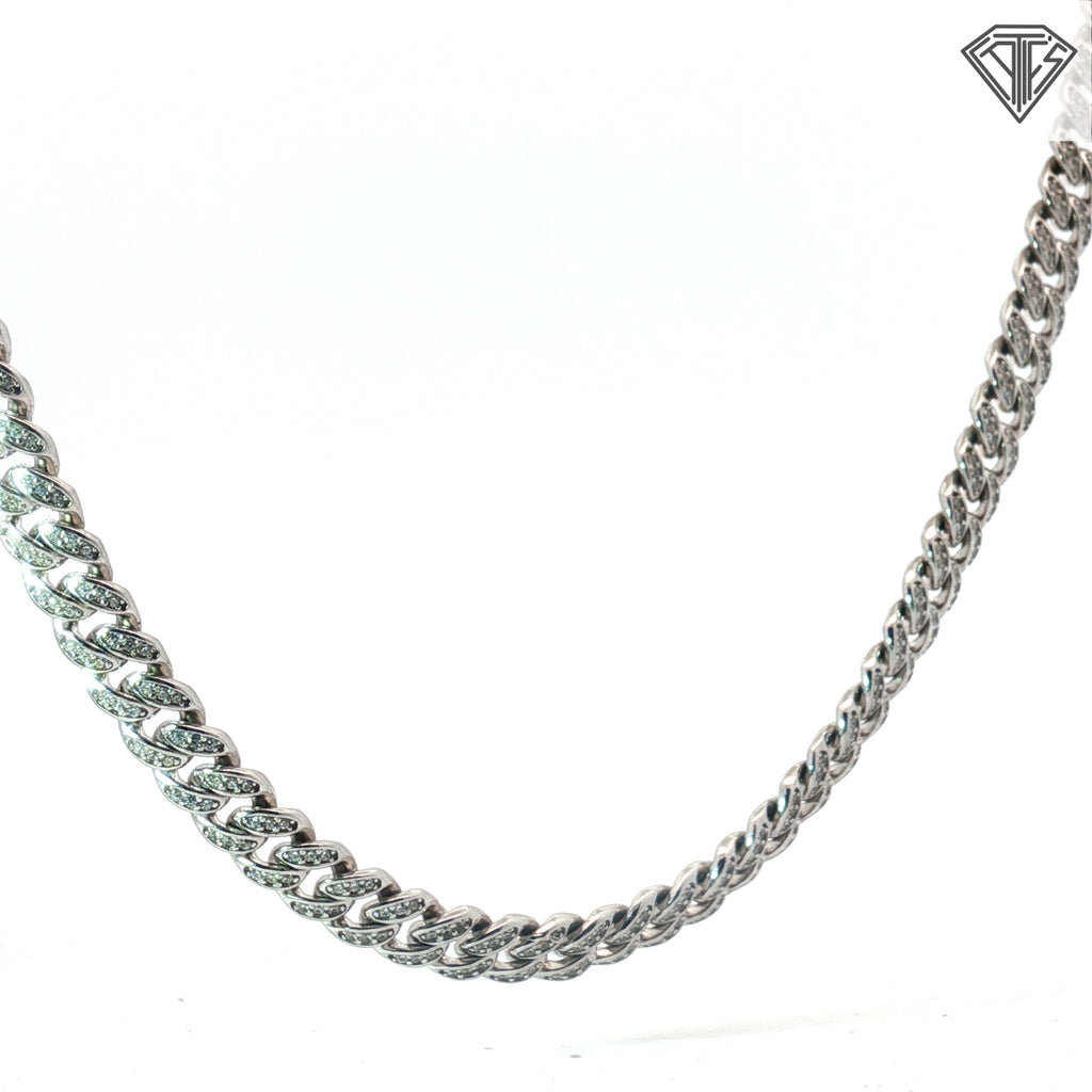 Sterling Silver Cuban Link with Round Cubic Zirconium Stone Necklace 42.2 Gram 20"inch