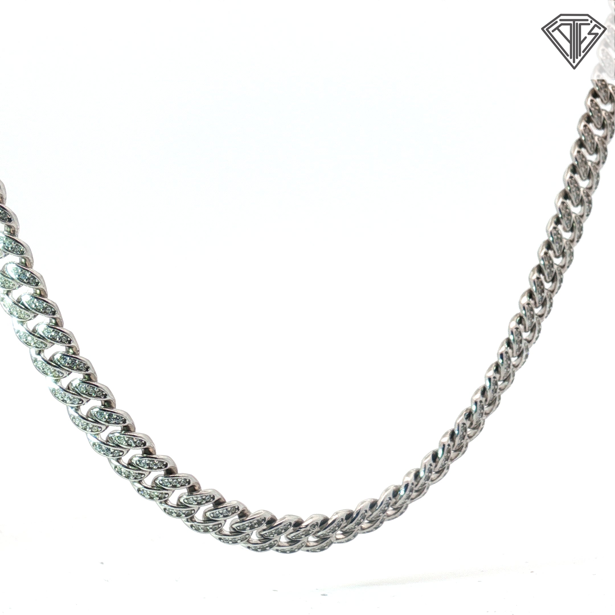 Sterling Silver Cuban Link with Round Cubic Zirconium Stone Necklace 42.2 Gram 20"inch
