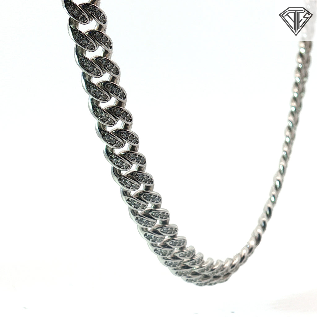 Sterling Silver Cuban Link with Round Cubic Zirconium Stone Necklace 42.2 Gram 20"inch