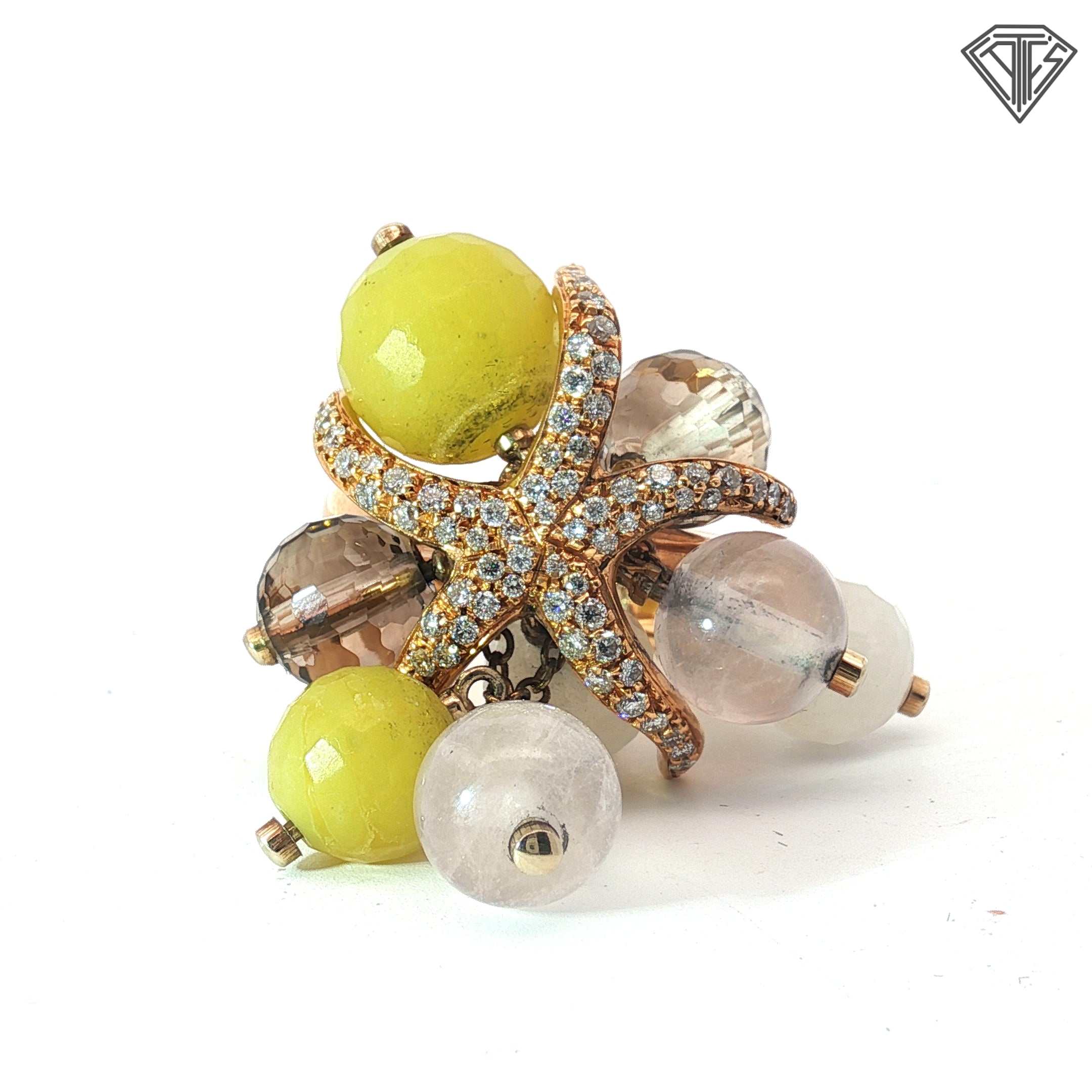 18k Yellow Gold 1.00ct G VS2 Round Diamond / Multicolored Gemstone Drops Starfish Earring and Ring Set