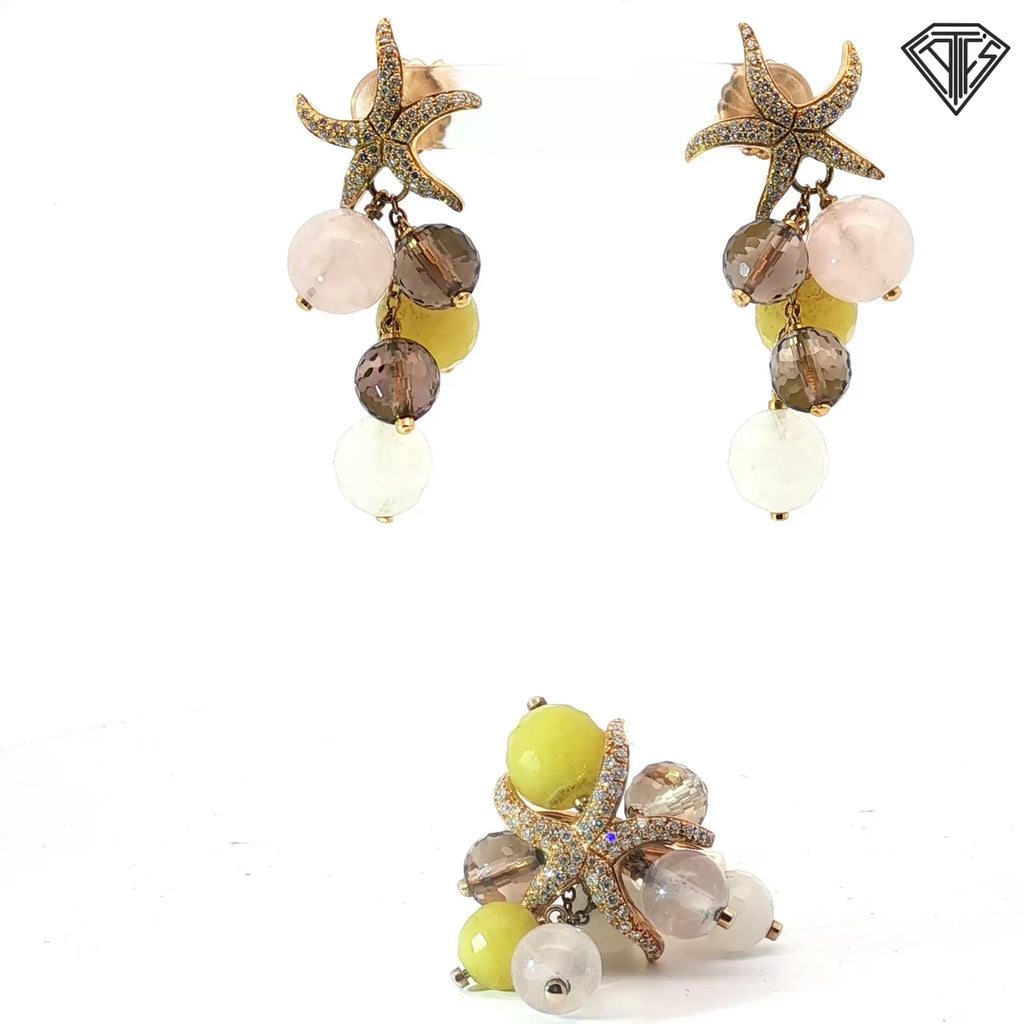 18k Yellow Gold 1.00ct G VS2 Round Diamond / Multicolored Gemstone Drops Starfish Earring and Ring Set