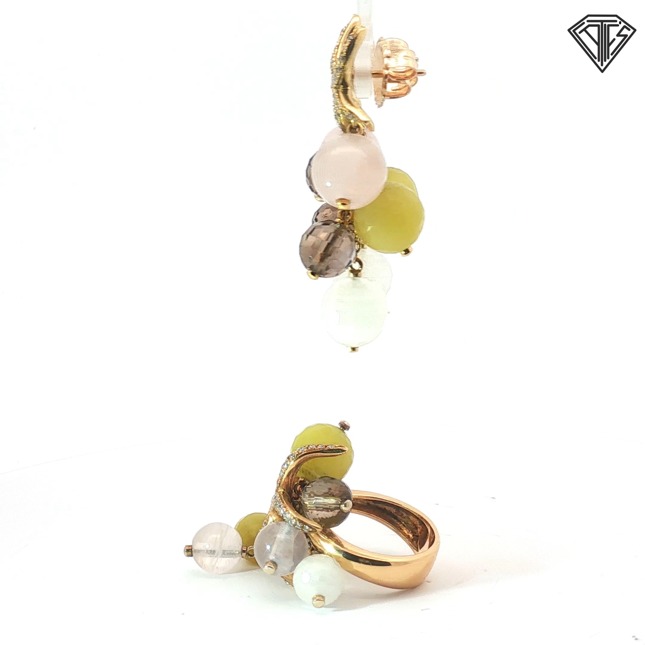 18k Yellow Gold 1.00ct G VS2 Round Diamond / Multicolored Gemstone Drops Starfish Earring and Ring Set