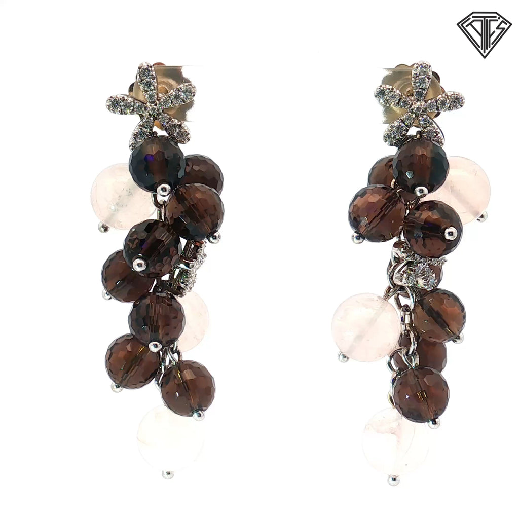 18k White Gold .50ct G VS2 Round Diamond /Rose Quart and Smoky Quartz Flower Baquet Drop Earrings