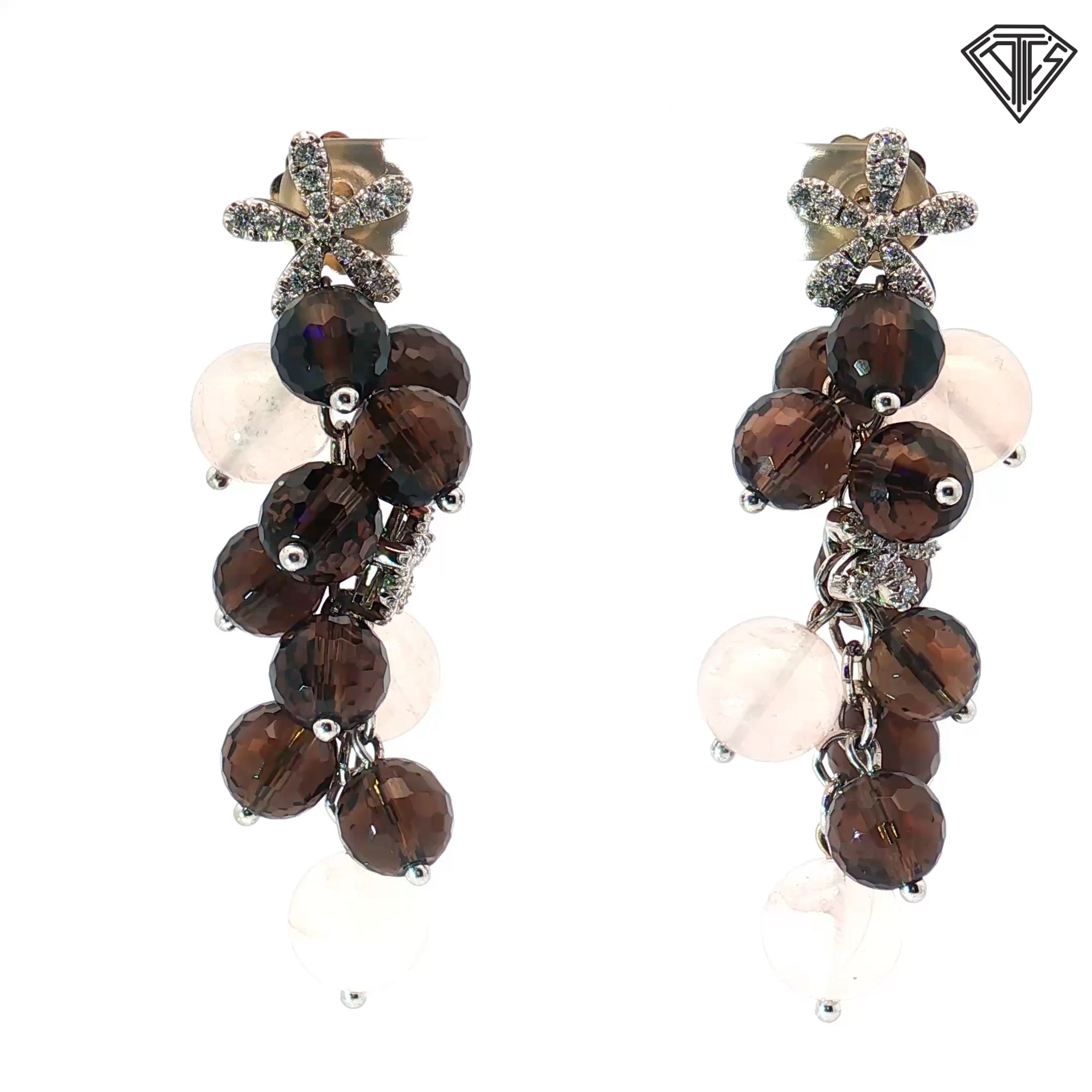 18k White Gold .50ct G VS2 Round Diamond /Rose Quart and Smoky Quartz Flower Baquet Drop Earrings