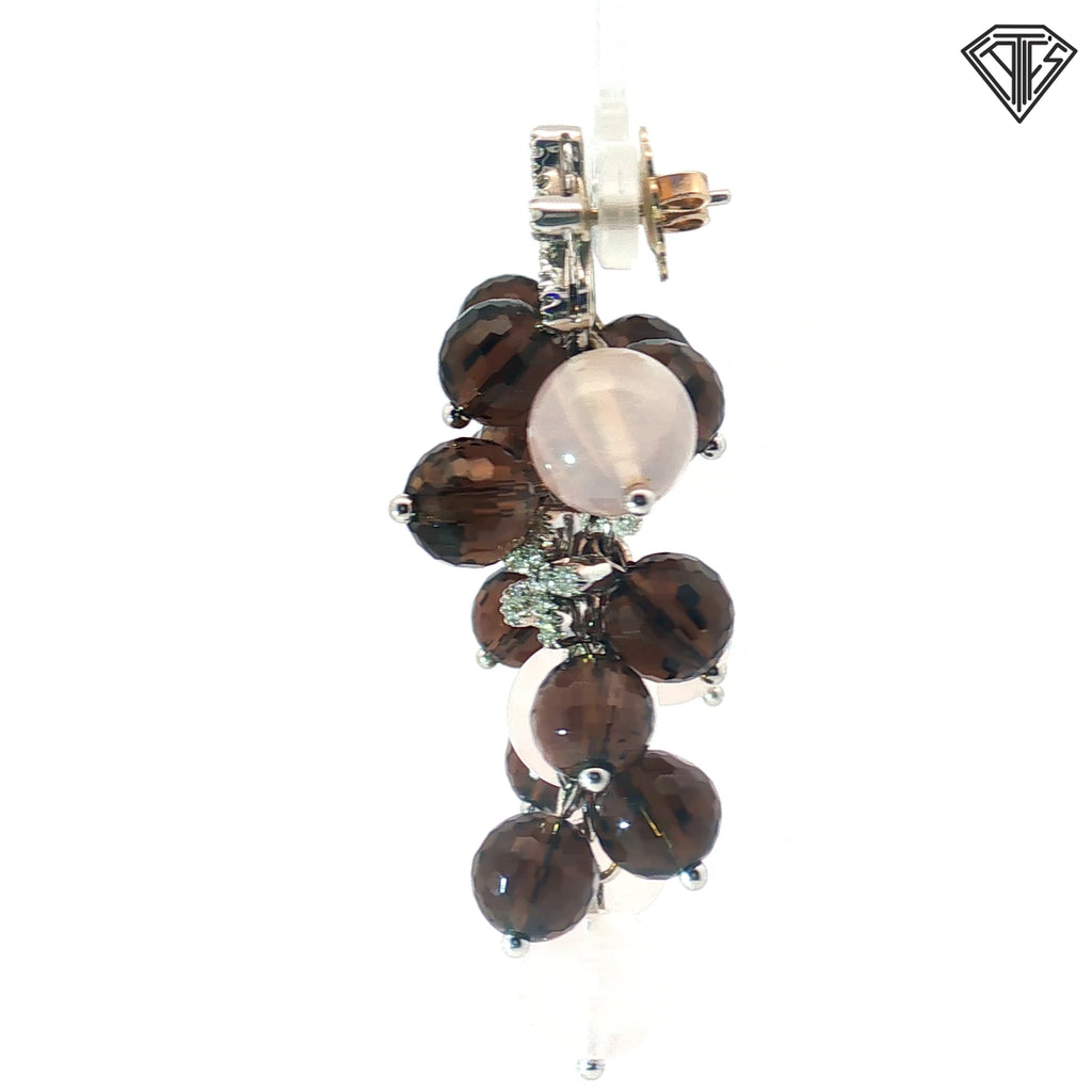 18k White Gold .50ct G VS2 Round Diamond /Rose Quart and Smoky Quartz Flower Baquet Drop Earrings