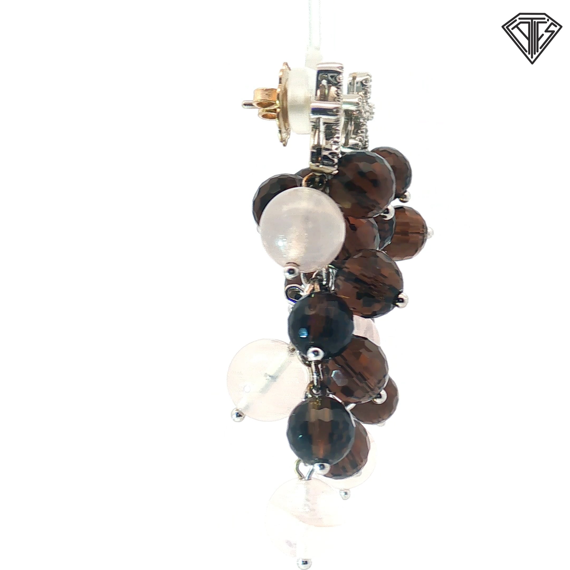 18k White Gold .50ct G VS2 Round Diamond /Rose Quart and Smoky Quartz Flower Baquet Drop Earrings