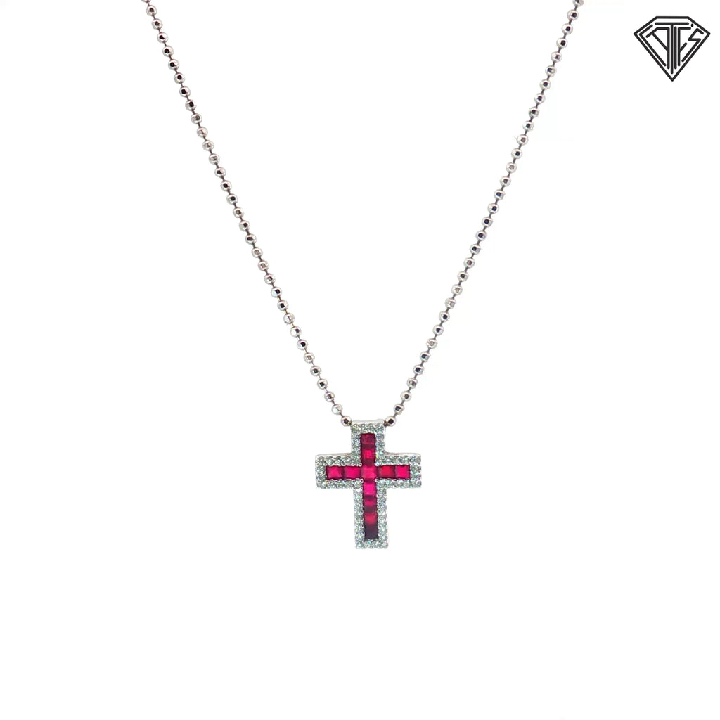 18k White Gold .55ct Total Weight on G VS2 Round Diamond / Princess Cut Ruby Cross Pendant
