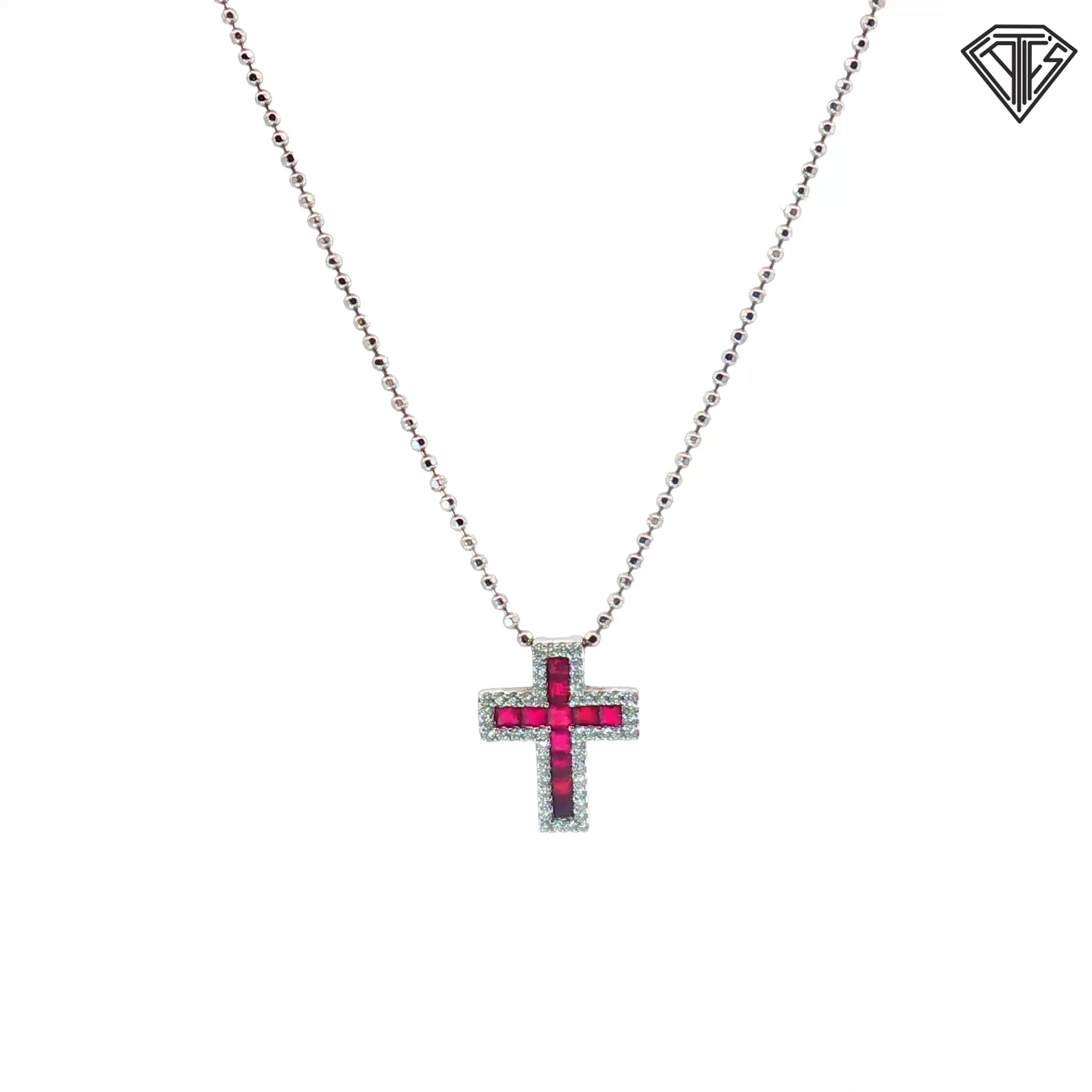 18k White Gold .55ct Total Weight on G VS2 Round Diamond / Princess Cut Ruby Cross Pendant