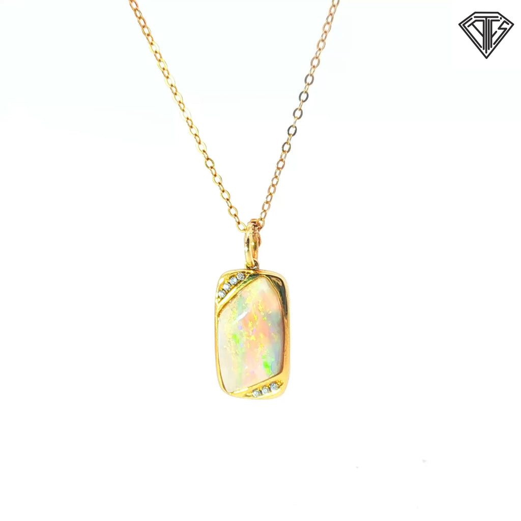 14k Yellow Gold Freeform Rectangular Opal with (7) Round Diamond Pendant 18"inch
