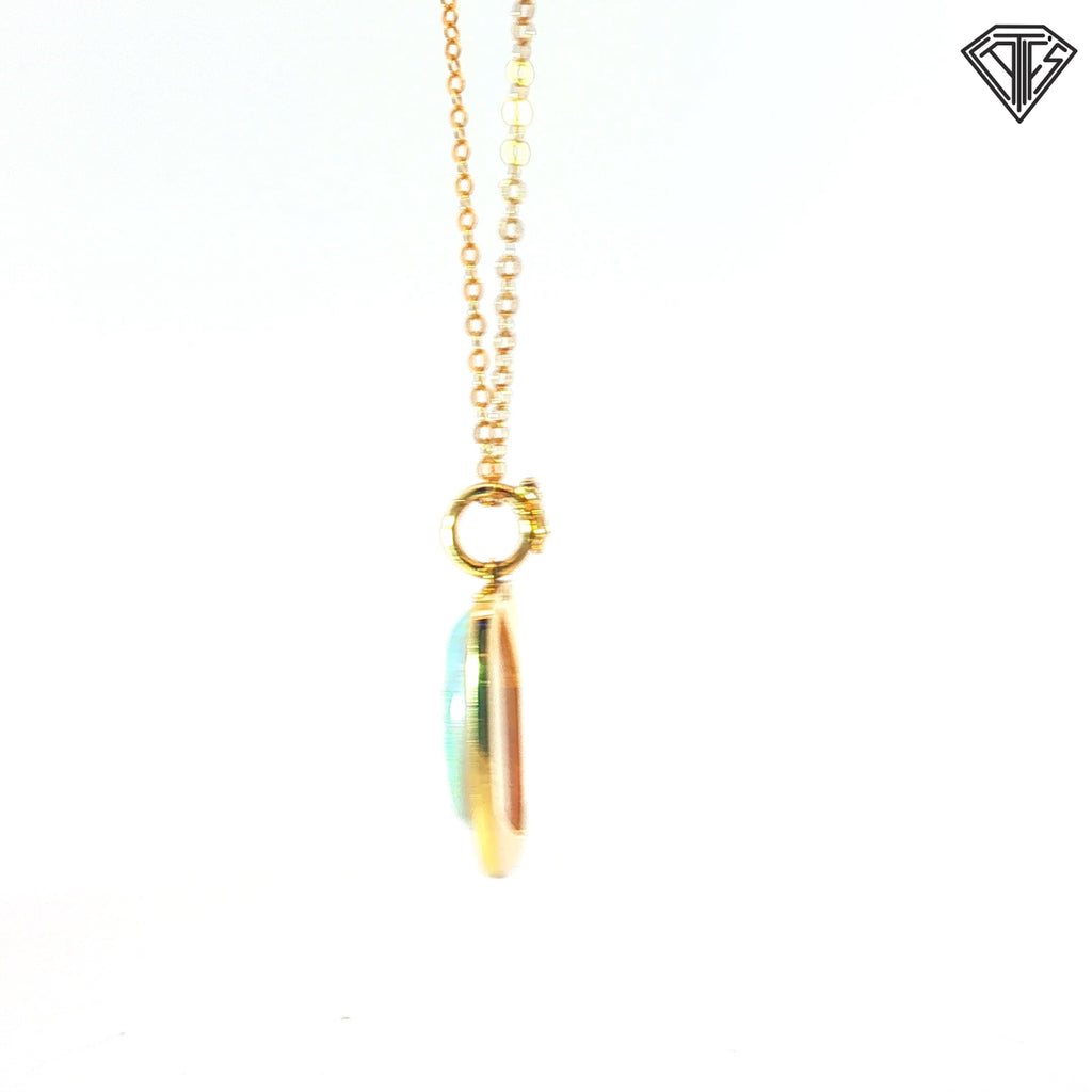 14k Yellow Gold Freeform Rectangular Opal with (7) Round Diamond Pendant 18"inch