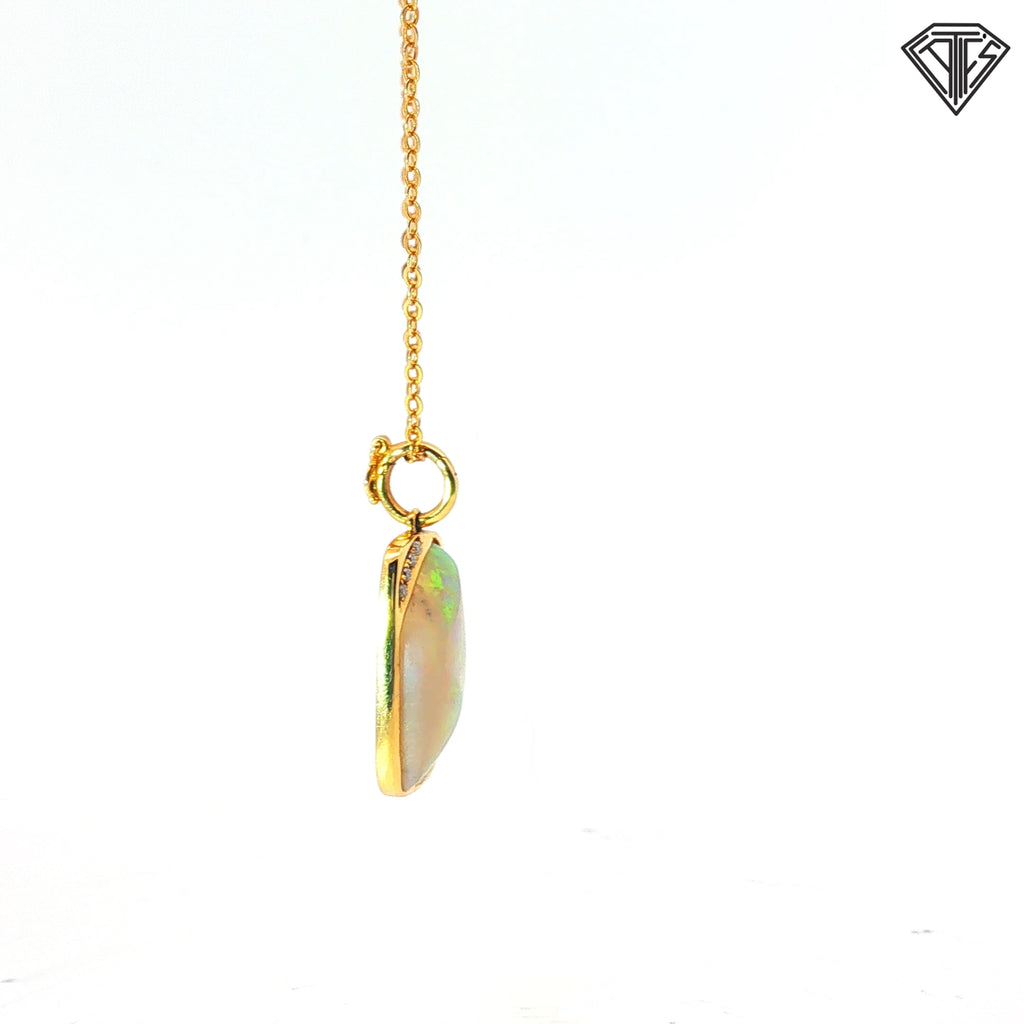 14k Yellow Gold Freeform Rectangular Opal with (7) Round Diamond Pendant 18"inch