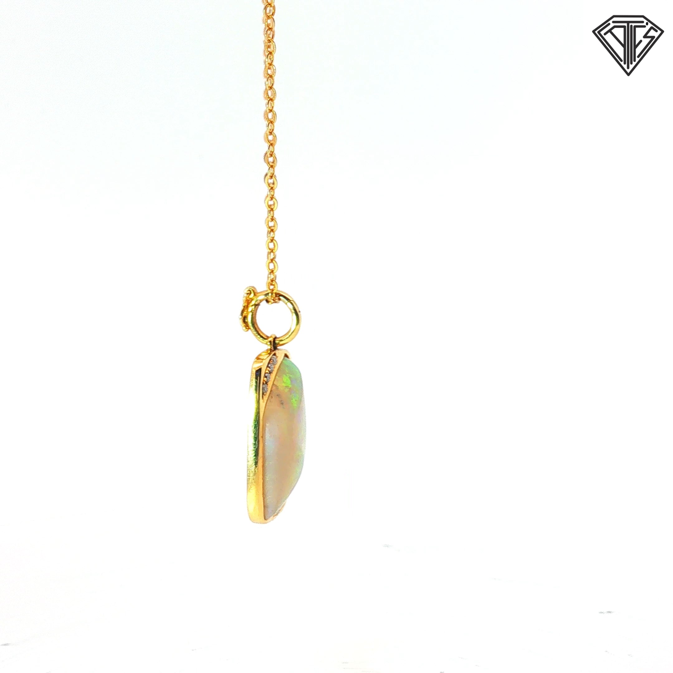 14k Yellow Gold Freeform Rectangular Opal with (7) Round Diamond Pendant 18"inch