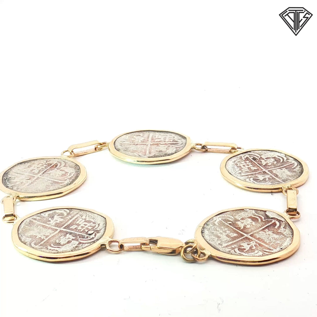 14k Yellow Gold / Sterling Silver Antique Spanish Bezel Set (5) Coin Link Bracelet 23.3 Gram 7 1/4 inch
