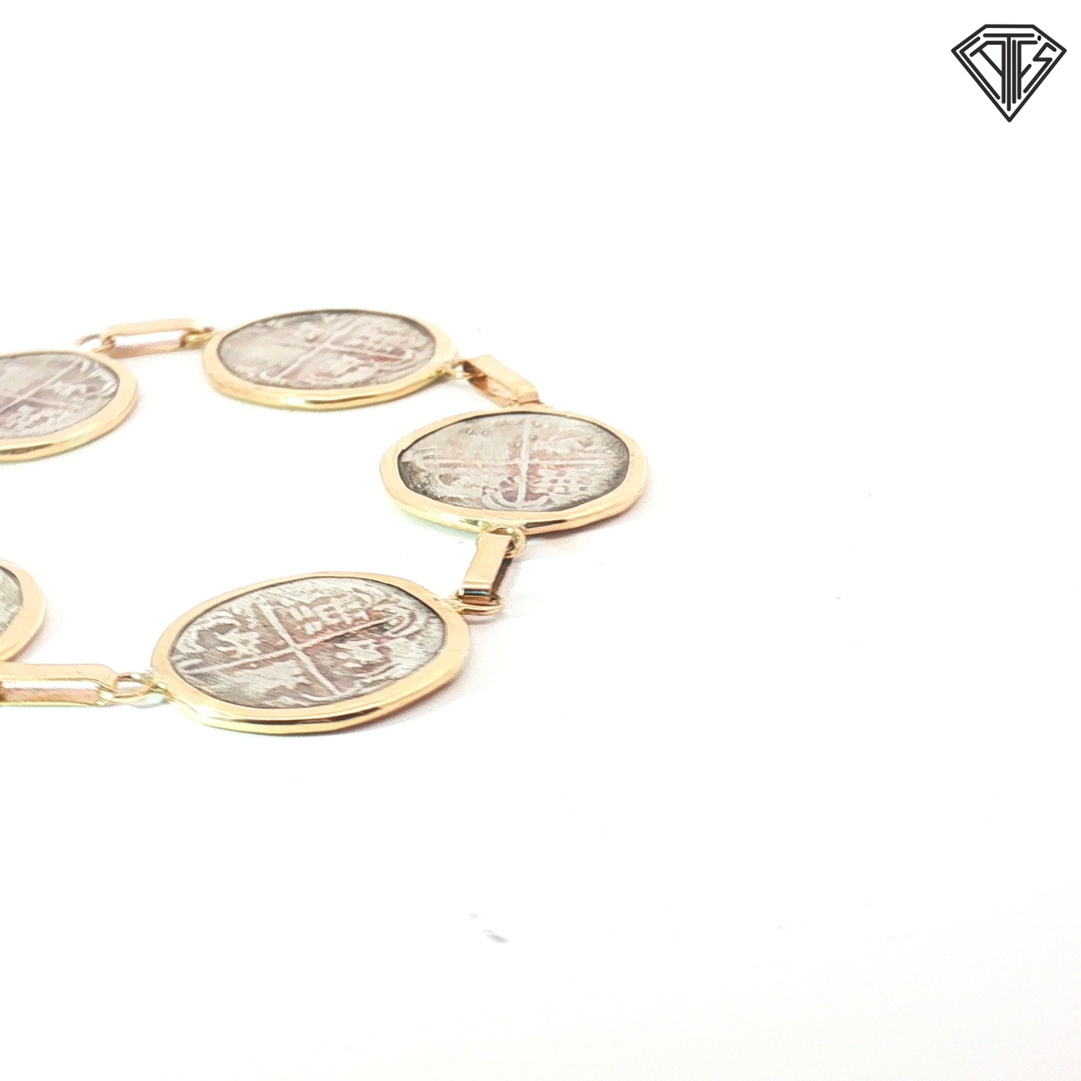 14k Yellow Gold / Sterling Silver Antique Spanish Bezel Set (5) Coin Link Bracelet 23.3 Gram 7 1/4 inch