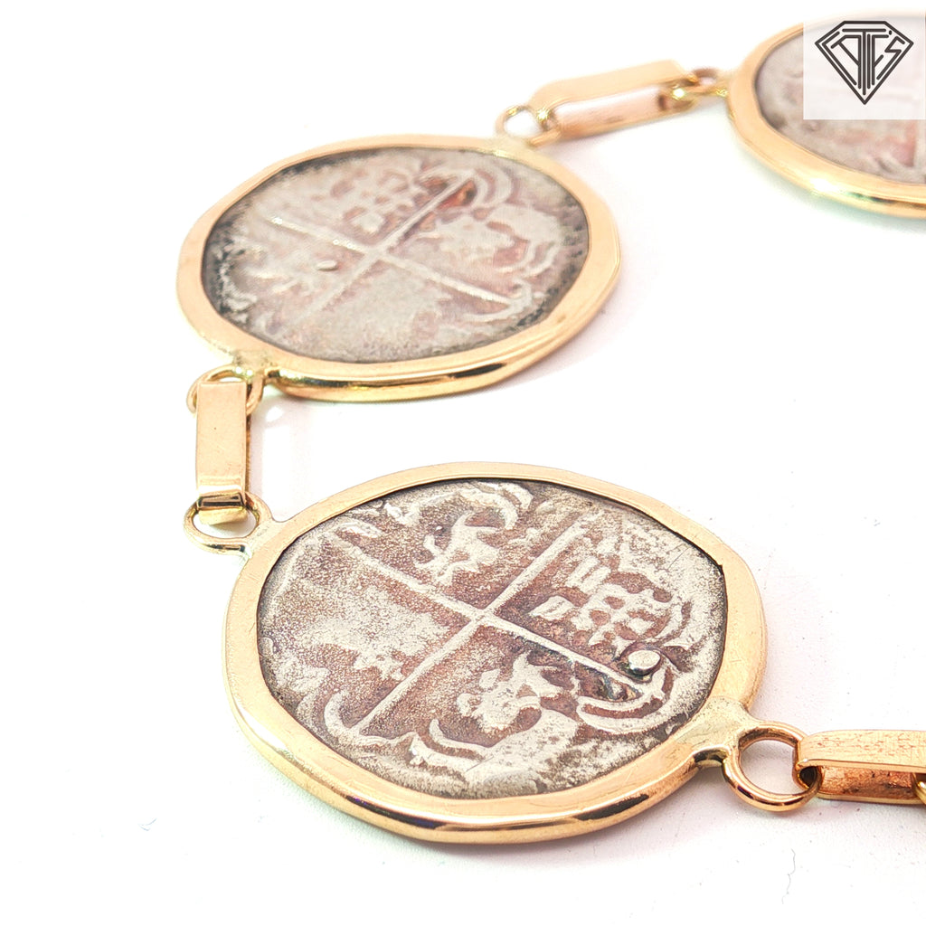 14k Yellow Gold / Sterling Silver Antique Spanish Bezel Set (5) Coin Link Bracelet 23.3 Gram 7 1/4 inch