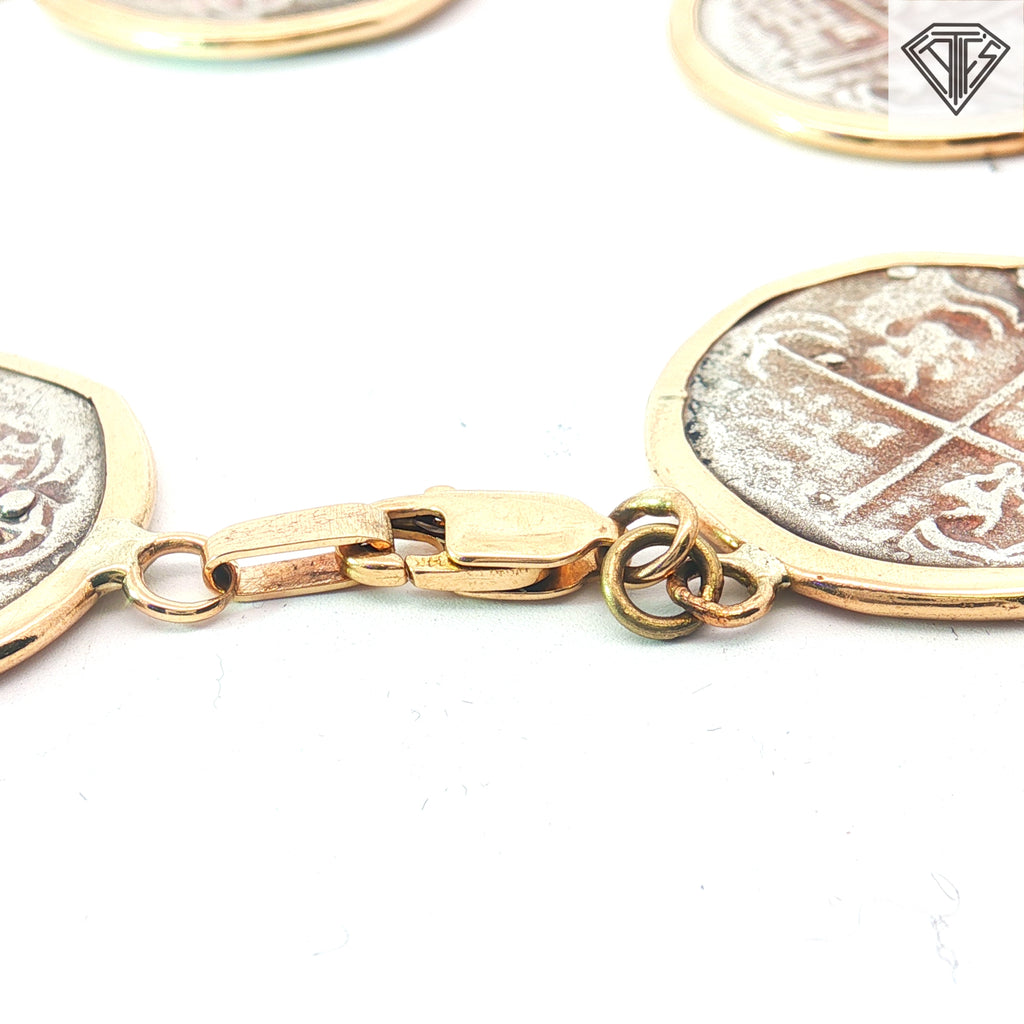 14k Yellow Gold / Sterling Silver Antique Spanish Bezel Set (5) Coin Link Bracelet 23.3 Gram 7 1/4 inch