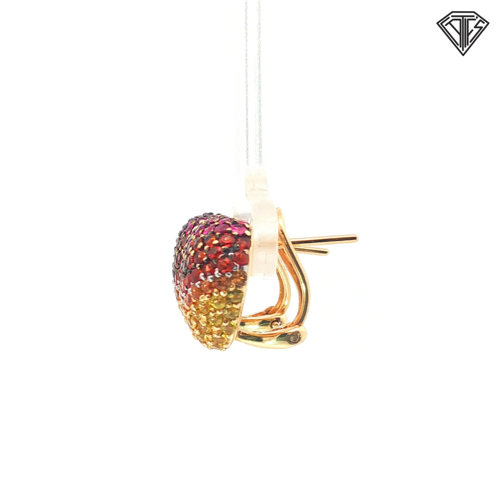14k Yellow Gold 3.00ct Total Weight Multicolor Deep Red / Orange to Golden Yellow Round Cut Pave Set Sapphire  Huggie Earrings