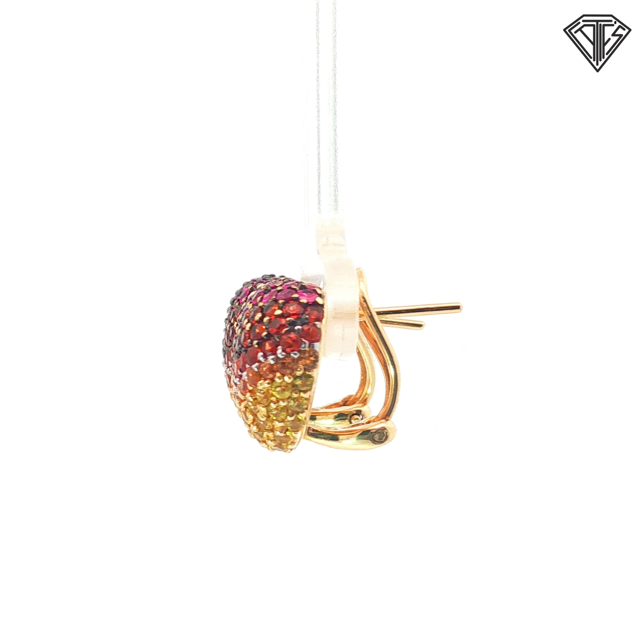 14k Yellow Gold 3.00ct Total Weight Multicolor Deep Red / Orange to Golden Yellow Round Cut Pave Set Sapphire  Huggie Earrings