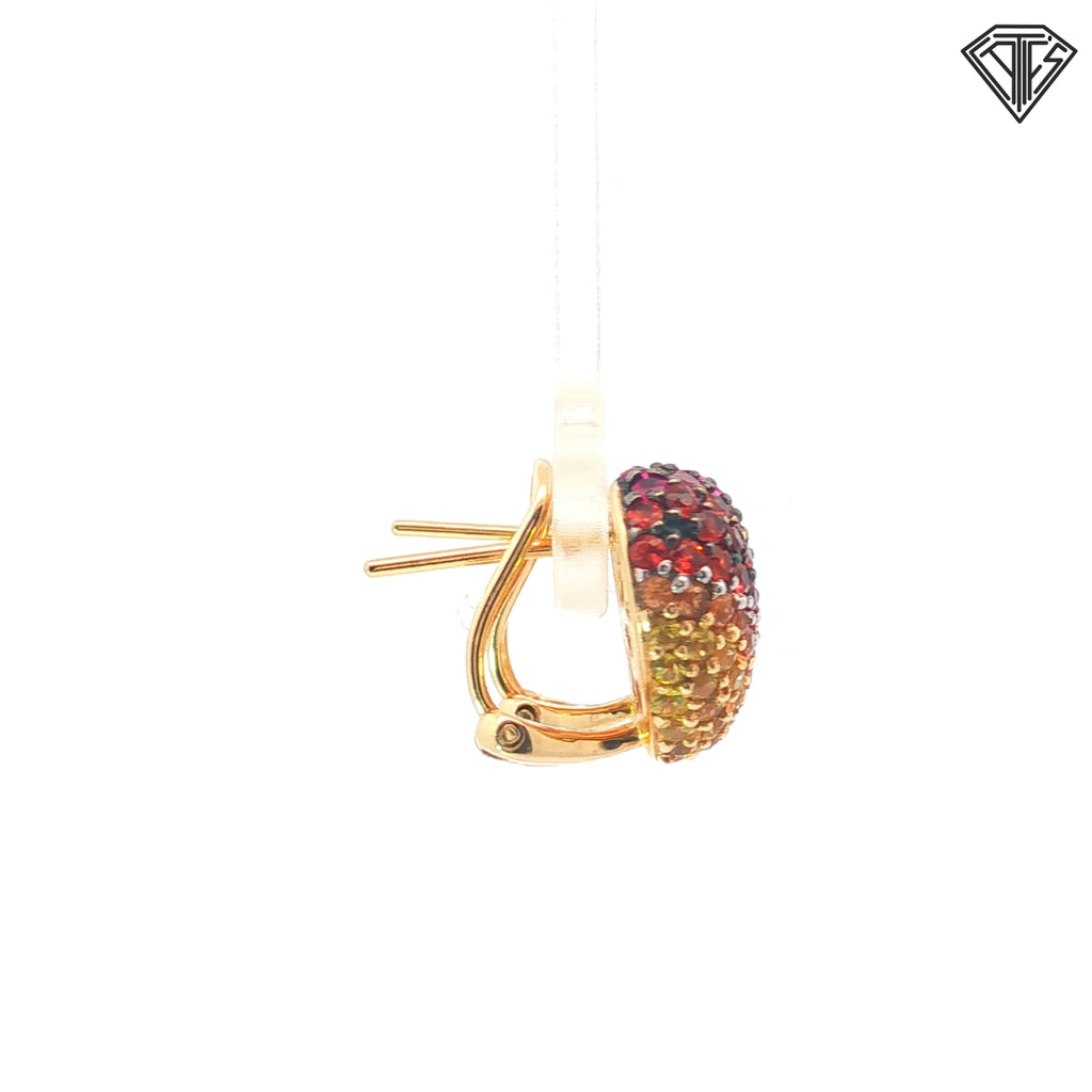 14k Yellow Gold 3.00ct Total Weight Multicolor Deep Red / Orange to Golden Yellow Round Cut Pave Set Sapphire  Huggie Earrings