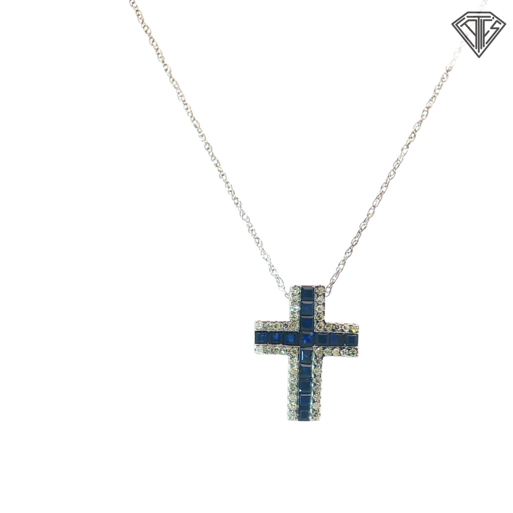 14k White Gold .30ct Princess Cut Blue Sapphire/ .15ct G SI1 Round Diamond 1/2 inch Cross 18"inch Necklace