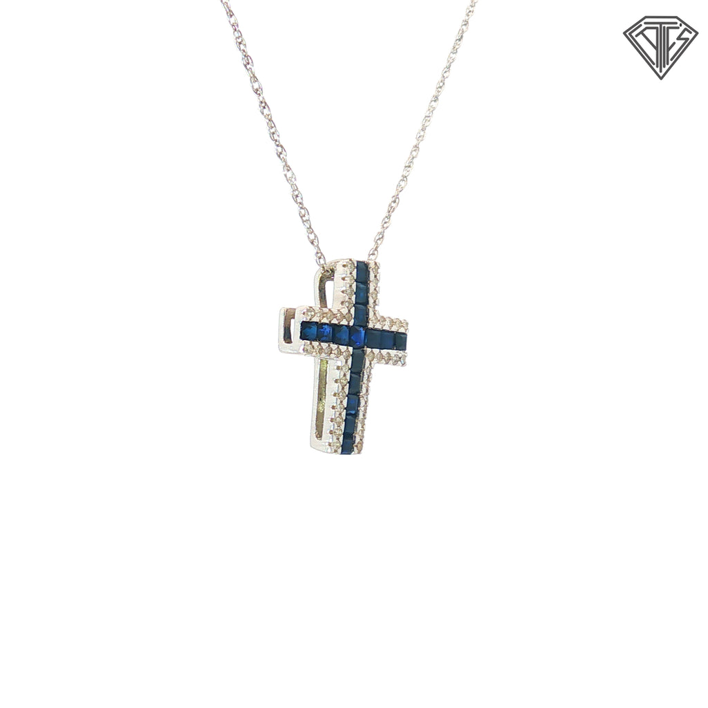 14k White Gold .30ct Princess Cut Blue Sapphire/ .15ct G SI1 Round Diamond 1/2 inch Cross 18"inch Necklace