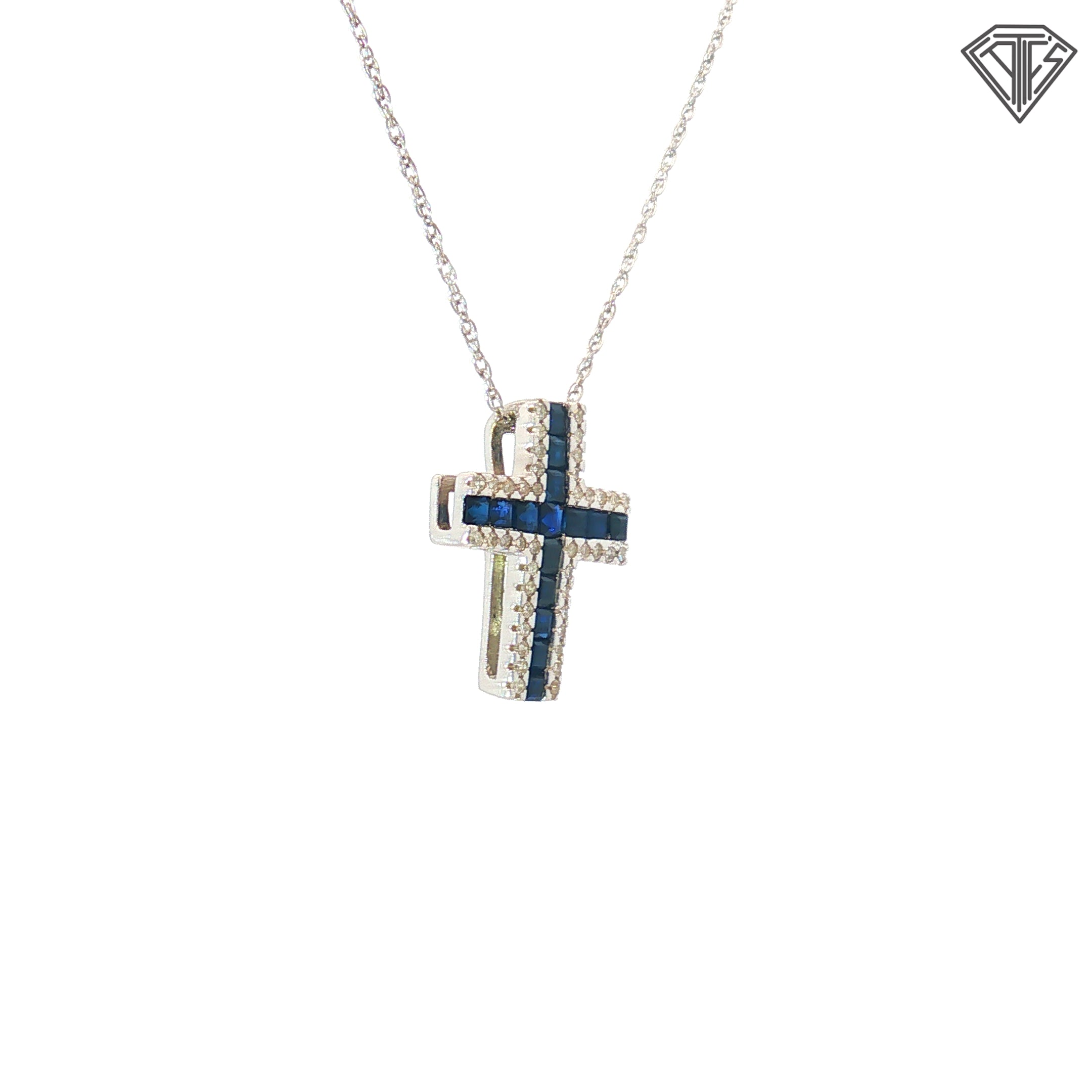 14k White Gold .30ct Princess Cut Blue Sapphire/ .15ct G SI1 Round Diamond 1/2 inch Cross 18"inch Necklace