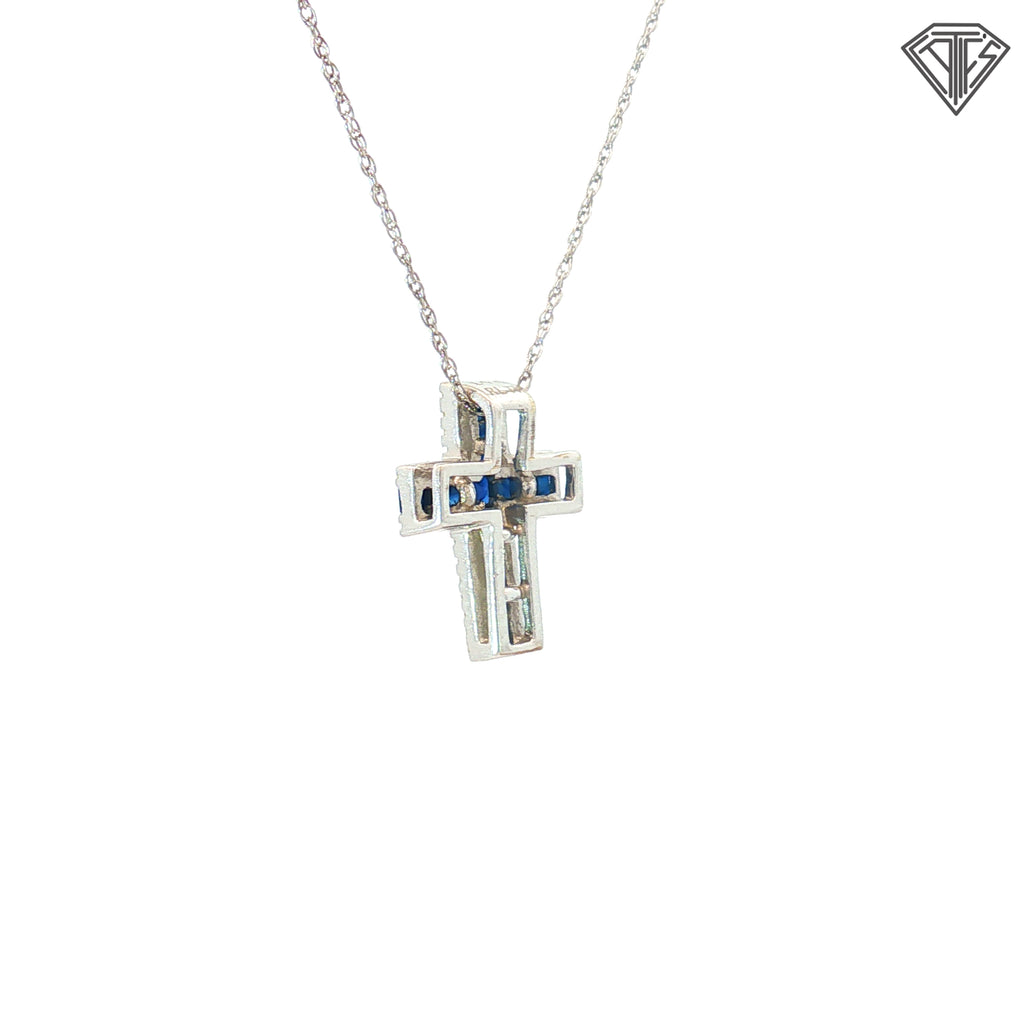 14k White Gold .30ct Princess Cut Blue Sapphire/ .15ct G SI1 Round Diamond 1/2 inch Cross 18"inch Necklace